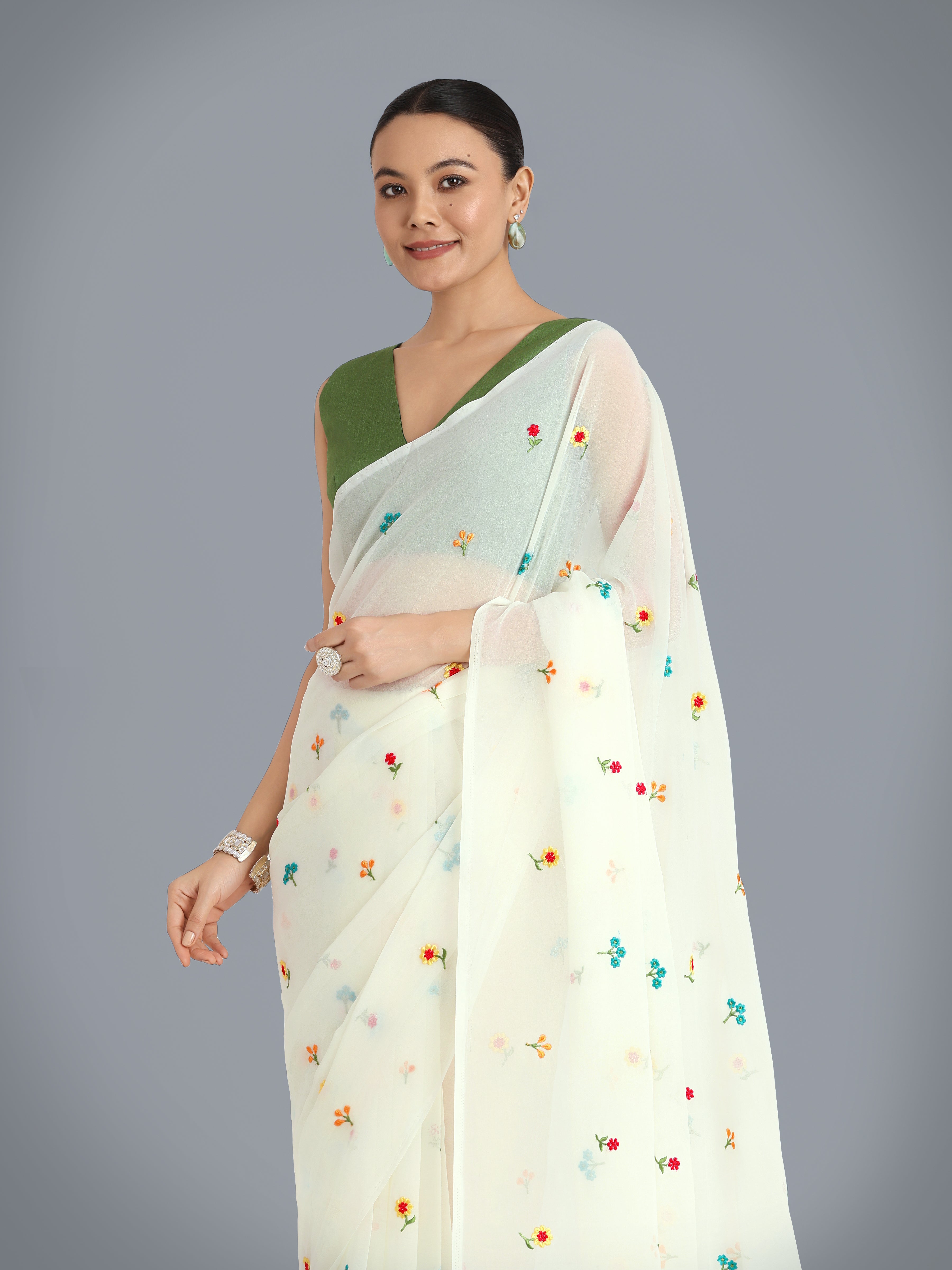 White Georgette Embroidered Work Causal Saree