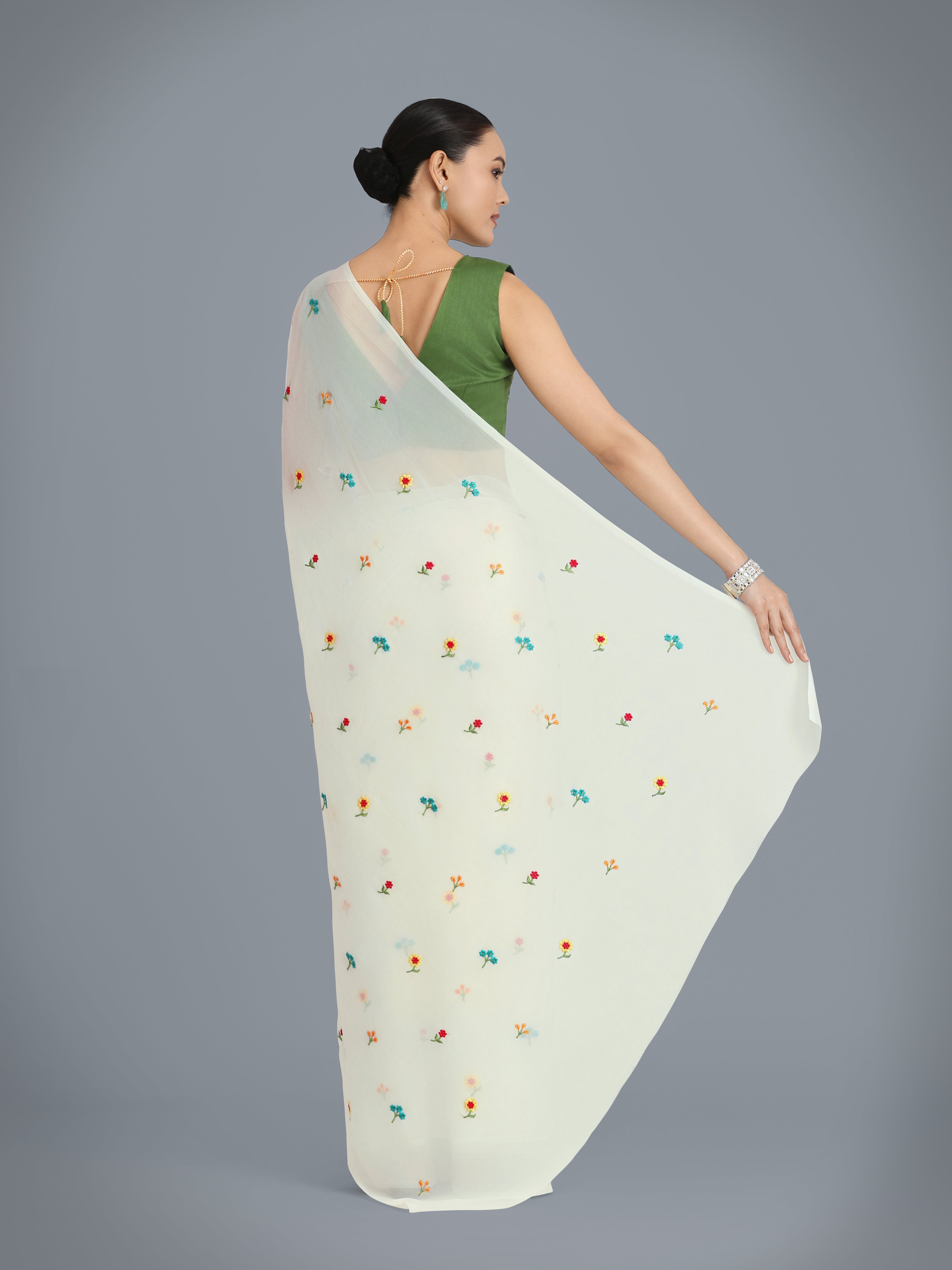 White Georgette Embroidered Work Causal Saree