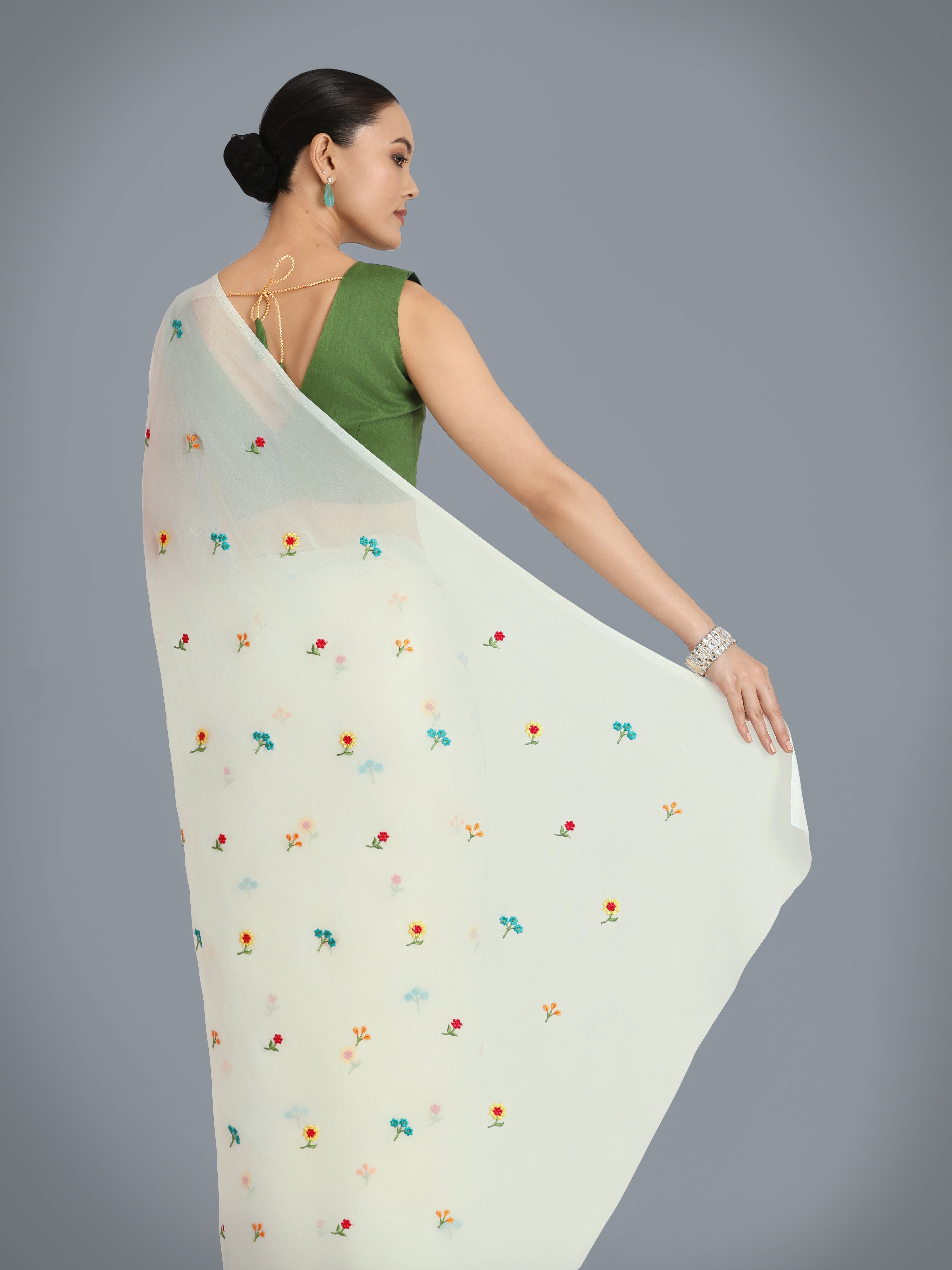 White Georgette Embroidered Work Causal Saree
