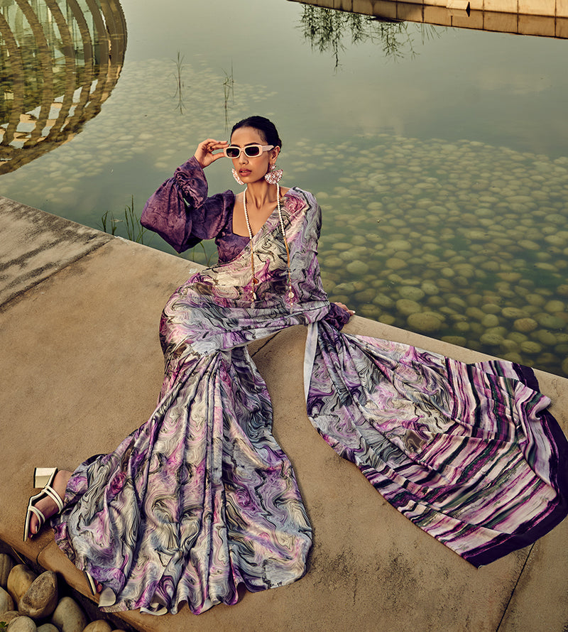 White & Purple Digital Print Satin Silk Cocktail Saree