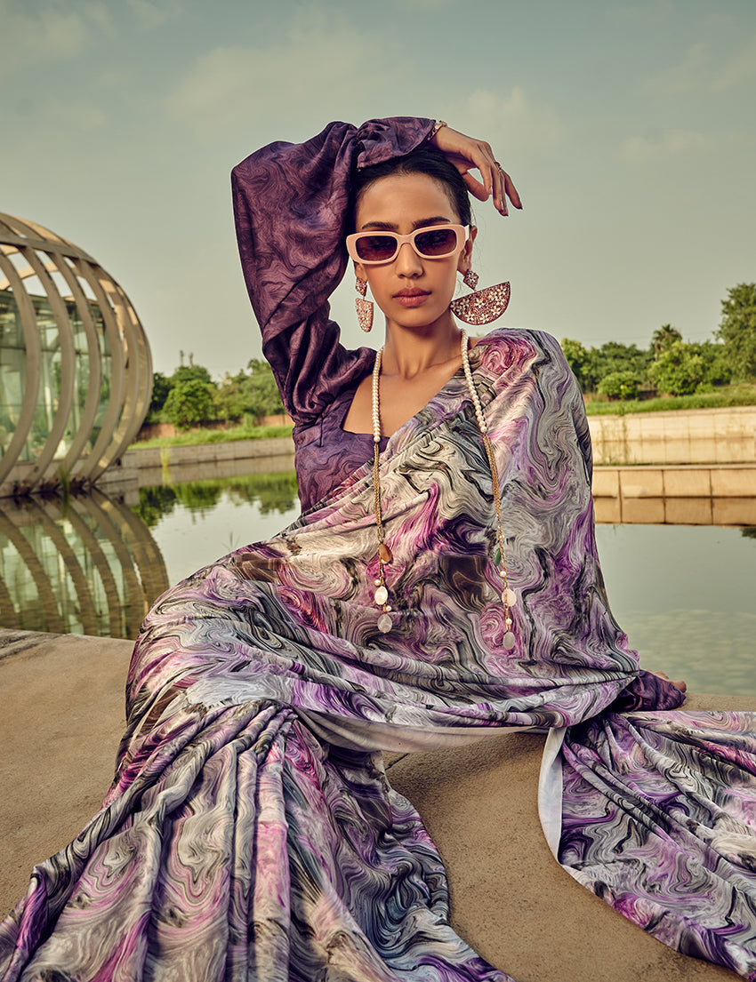 White & Purple Digital Print Satin Silk Cocktail Saree