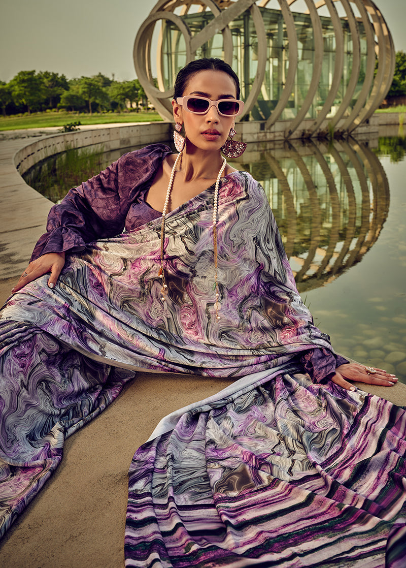 White & Purple Digital Print Satin Silk Cocktail Saree
