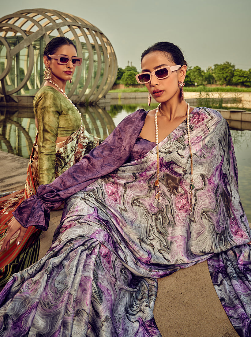 White & Purple Digital Print Satin Silk Cocktail Saree
