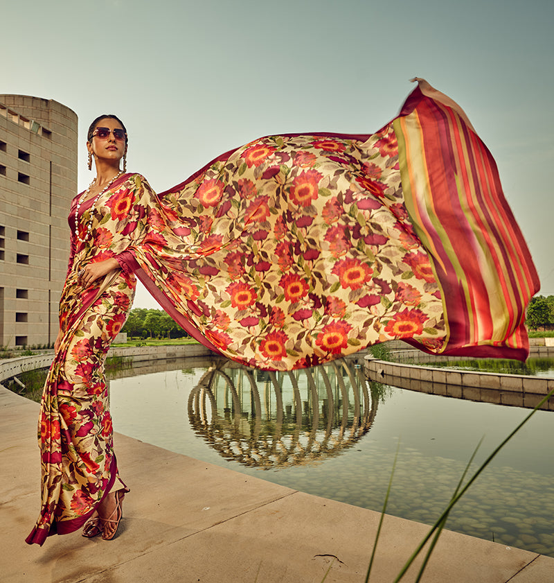 Multi Digital Print Satin Silk Cocktail Saree