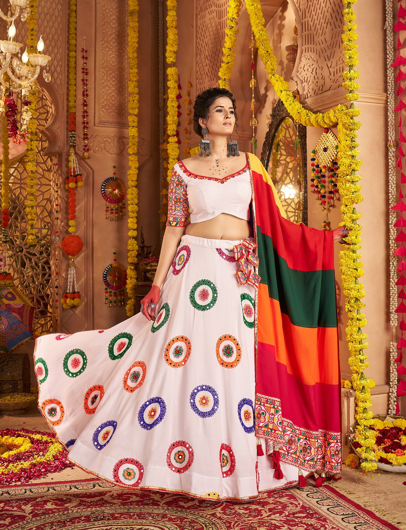 White Viscose Cotton Embroidered Navratri Wear Lehenga Choli