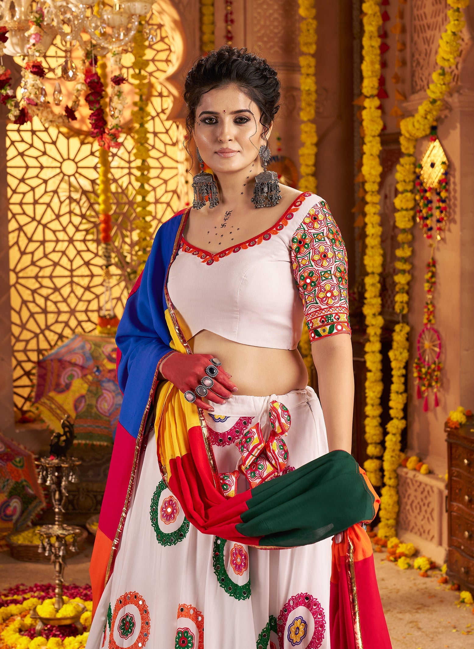 White Viscose Cotton Embroidered Navratri Wear Lehenga Choli