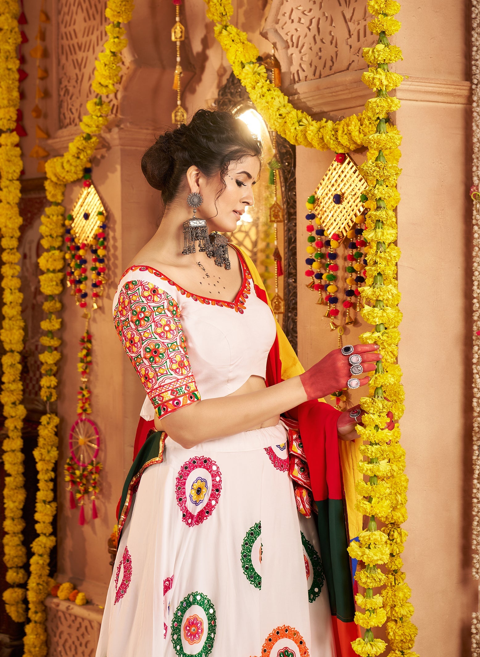 White Viscose Cotton Embroidered Navratri Wear Lehenga Choli
