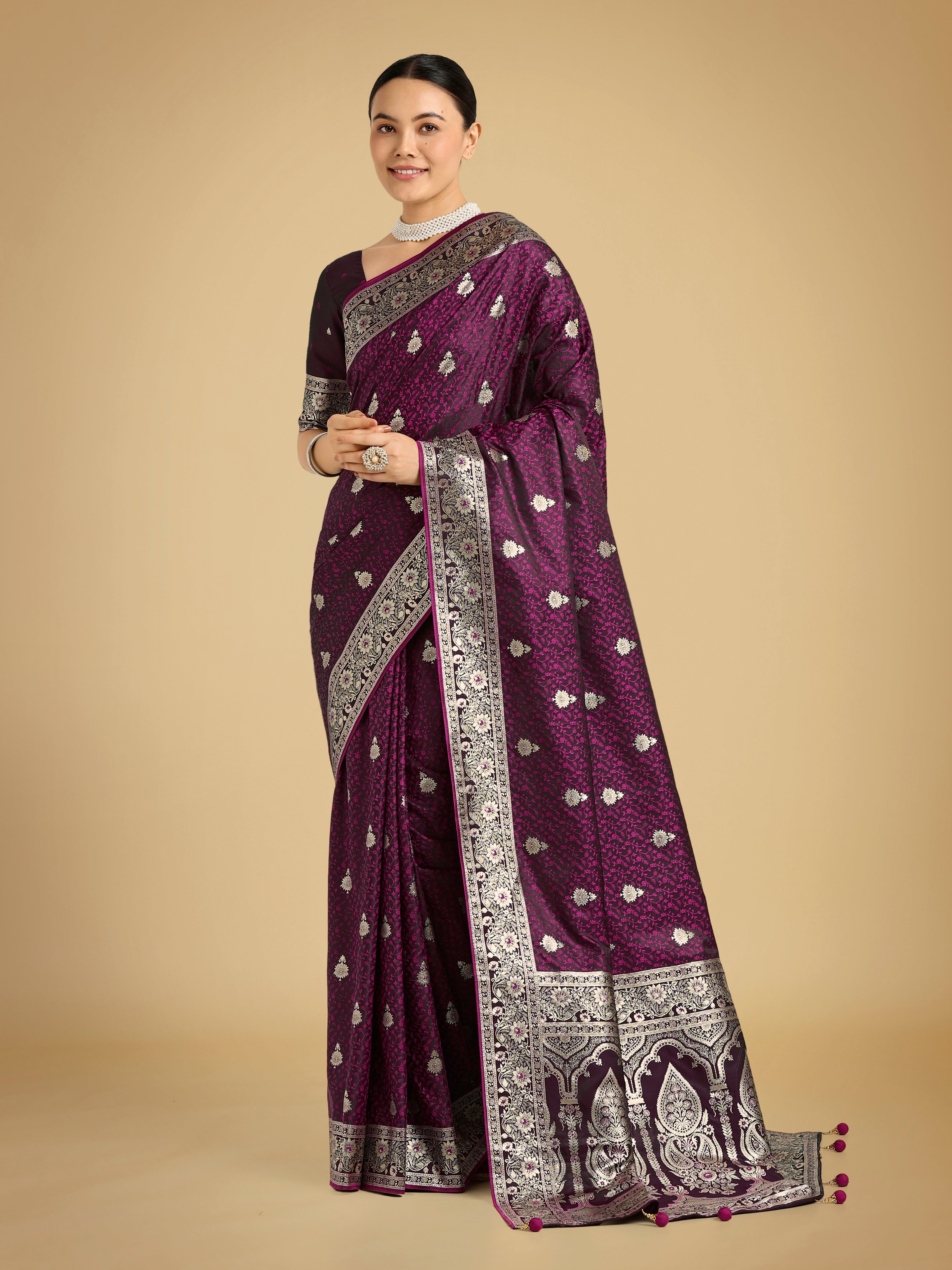 Wine Banarasi Satin Silk Saree with Intricate Zari Woven Work