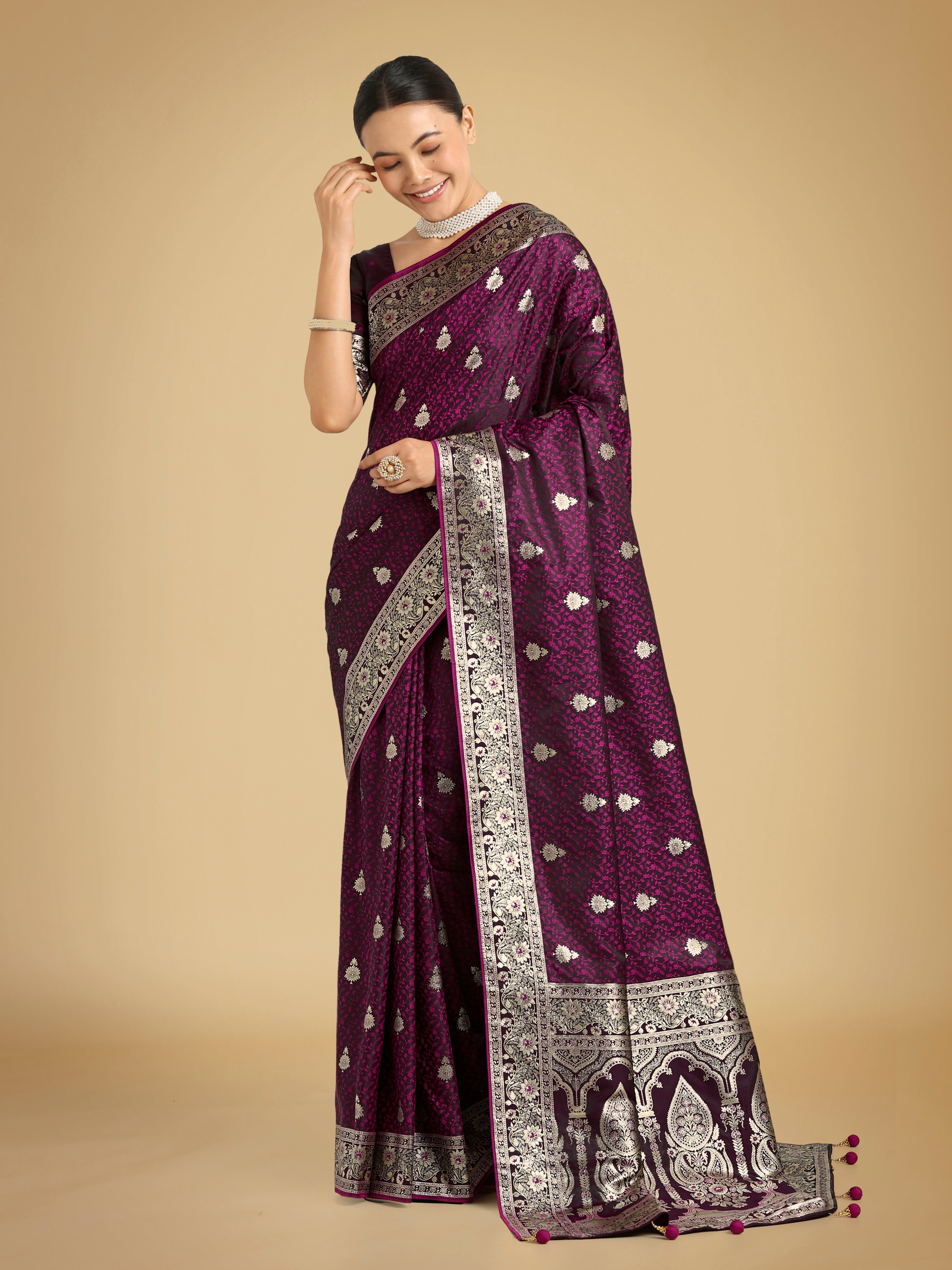 Wine Banarasi Satin Silk Saree with Intricate Zari Woven Work