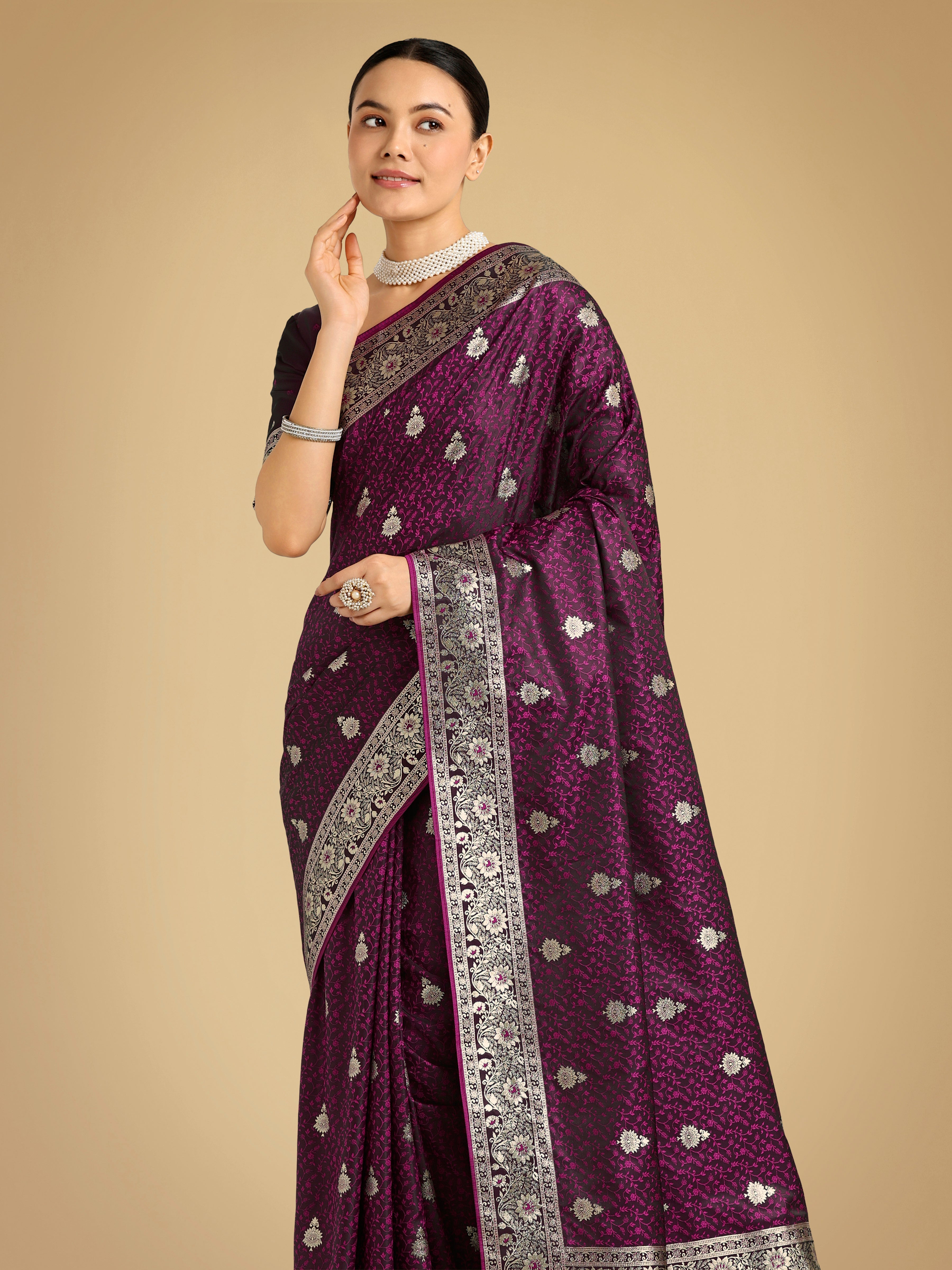Wine Banarasi Satin Silk Saree with Intricate Zari Woven Work