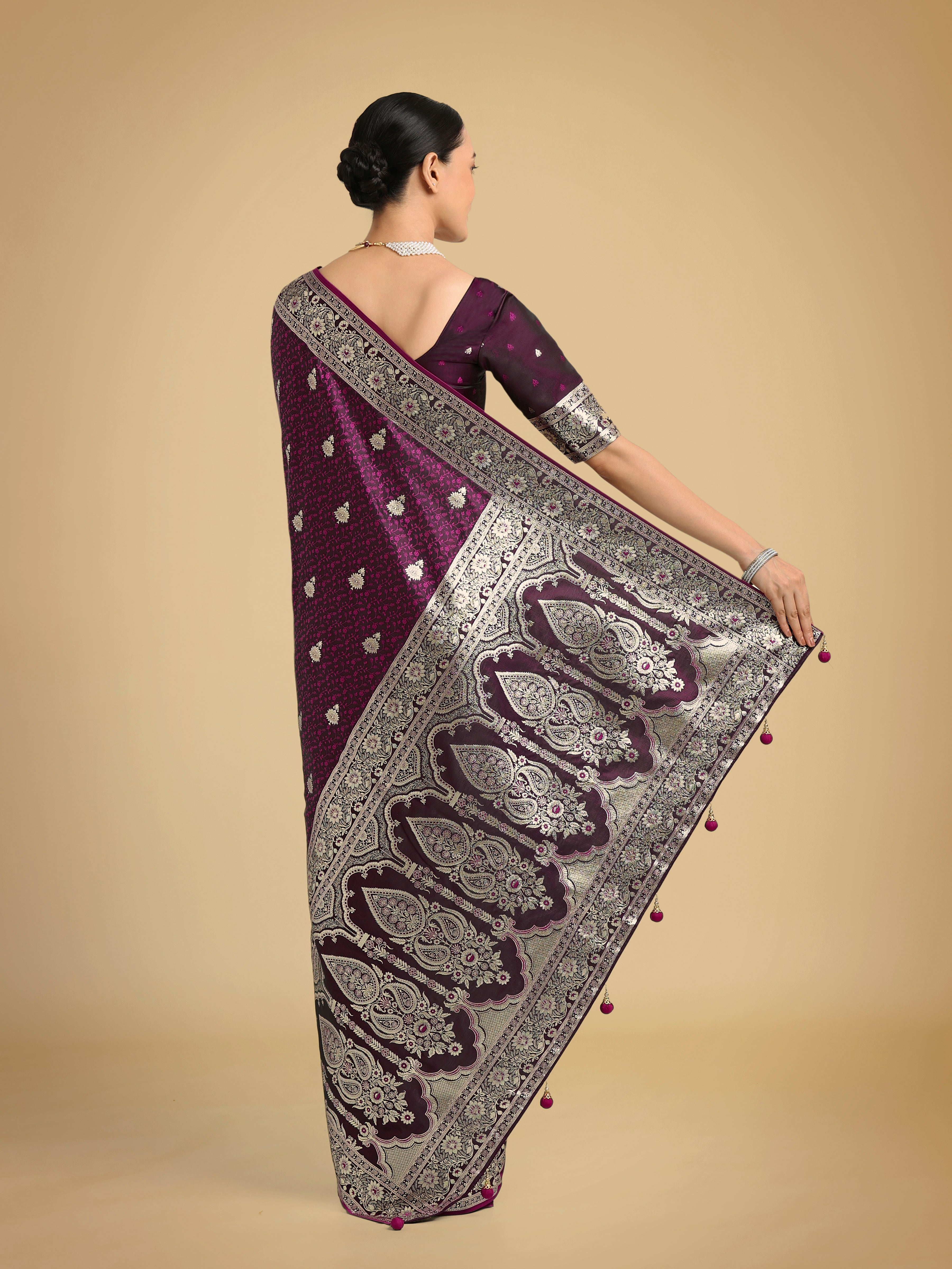 Wine Banarasi Satin Silk Saree with Intricate Zari Woven Work