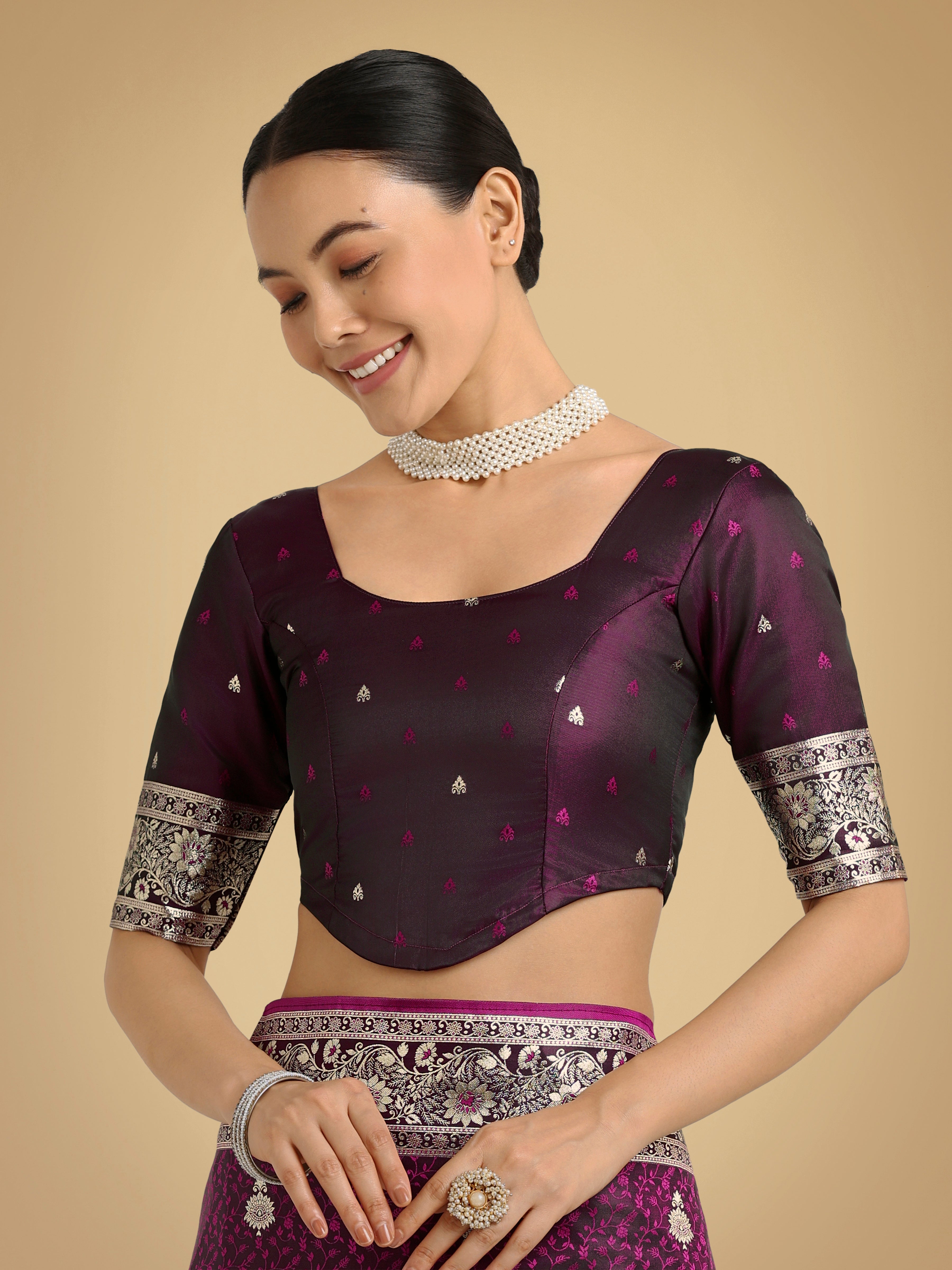 Wine Banarasi Satin Silk Saree with Intricate Zari Woven Work