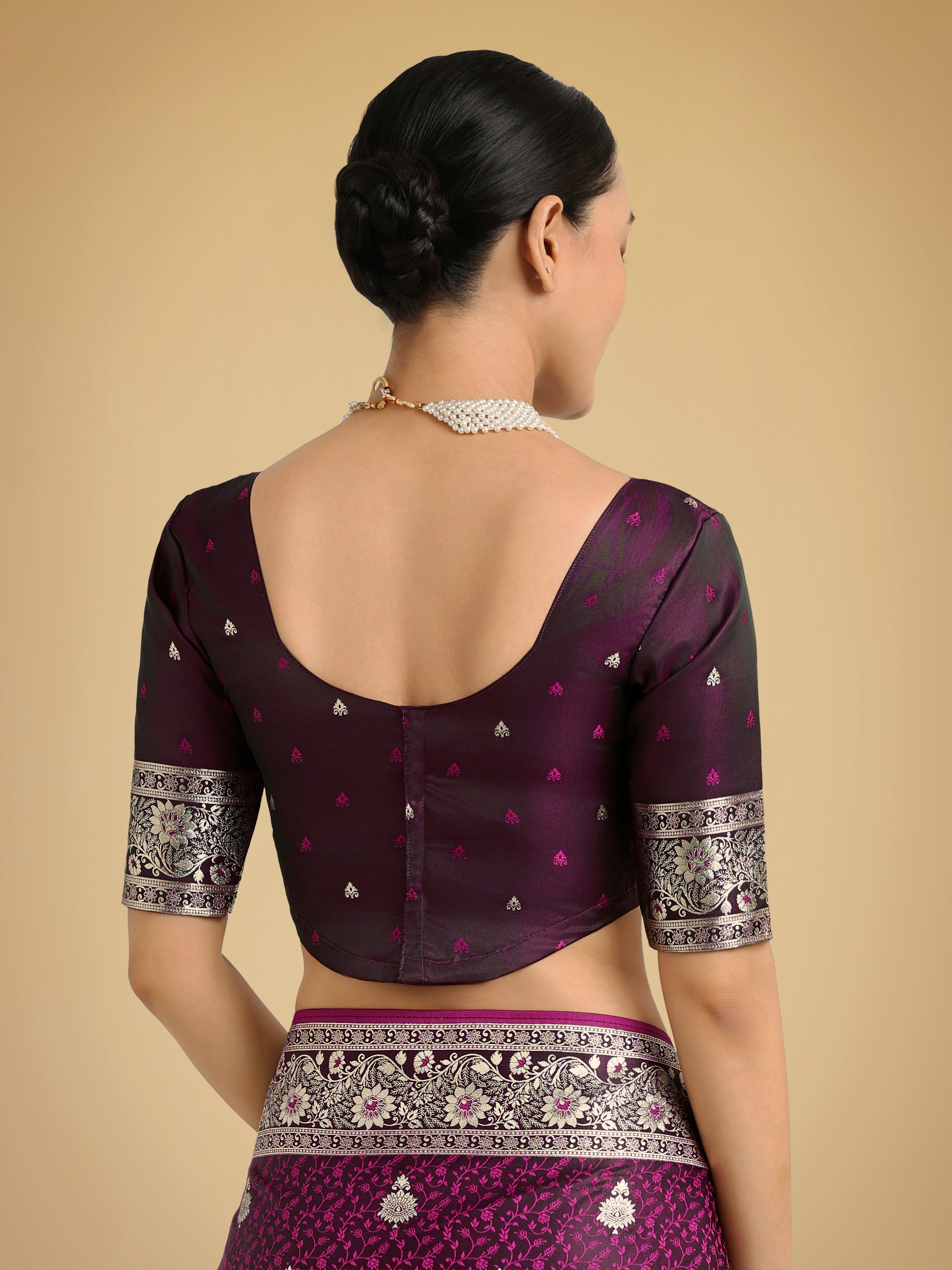 Wine Banarasi Satin Silk Saree with Intricate Zari Woven Work