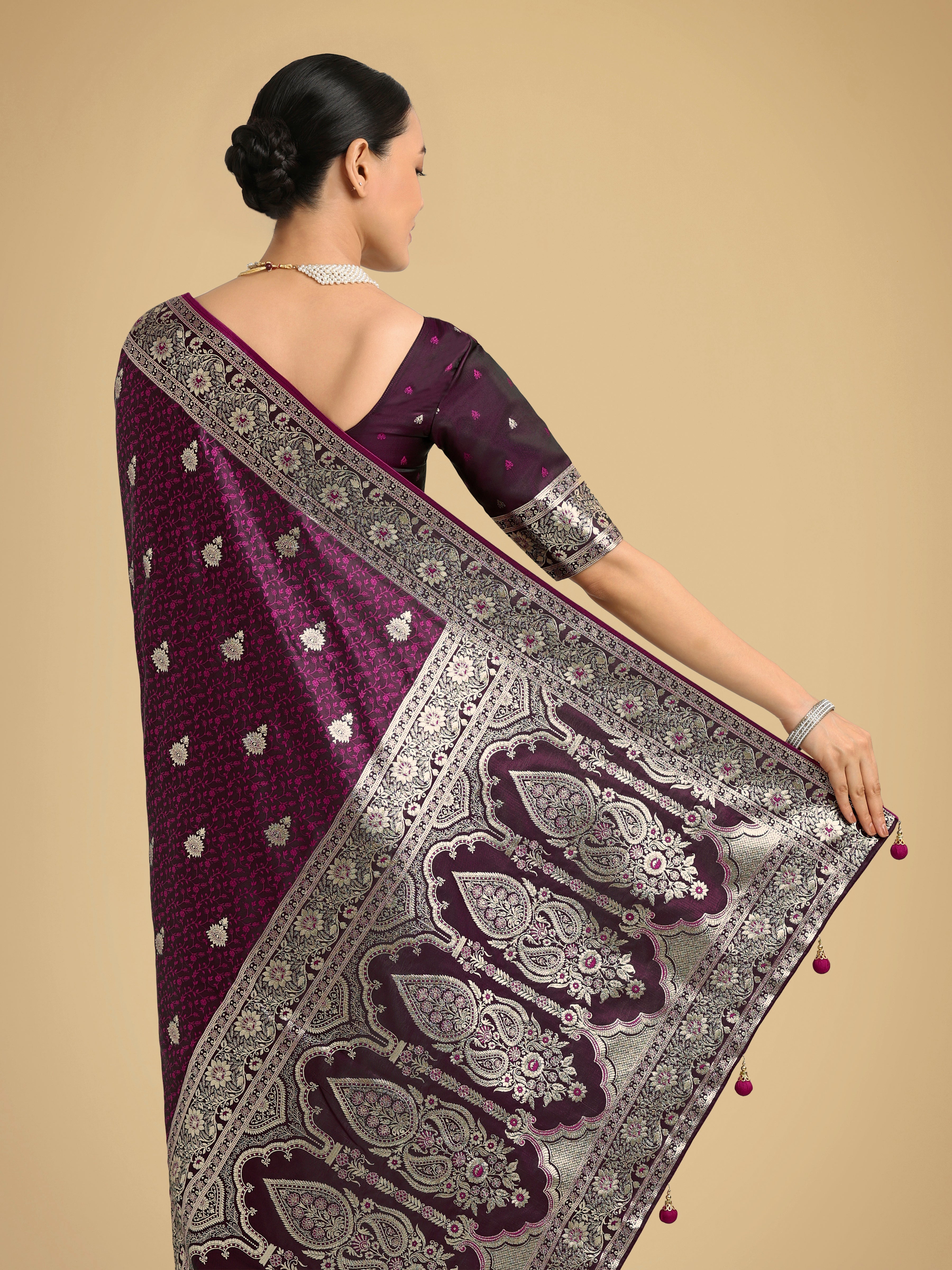 Wine Banarasi Satin Silk Saree with Intricate Zari Woven Work