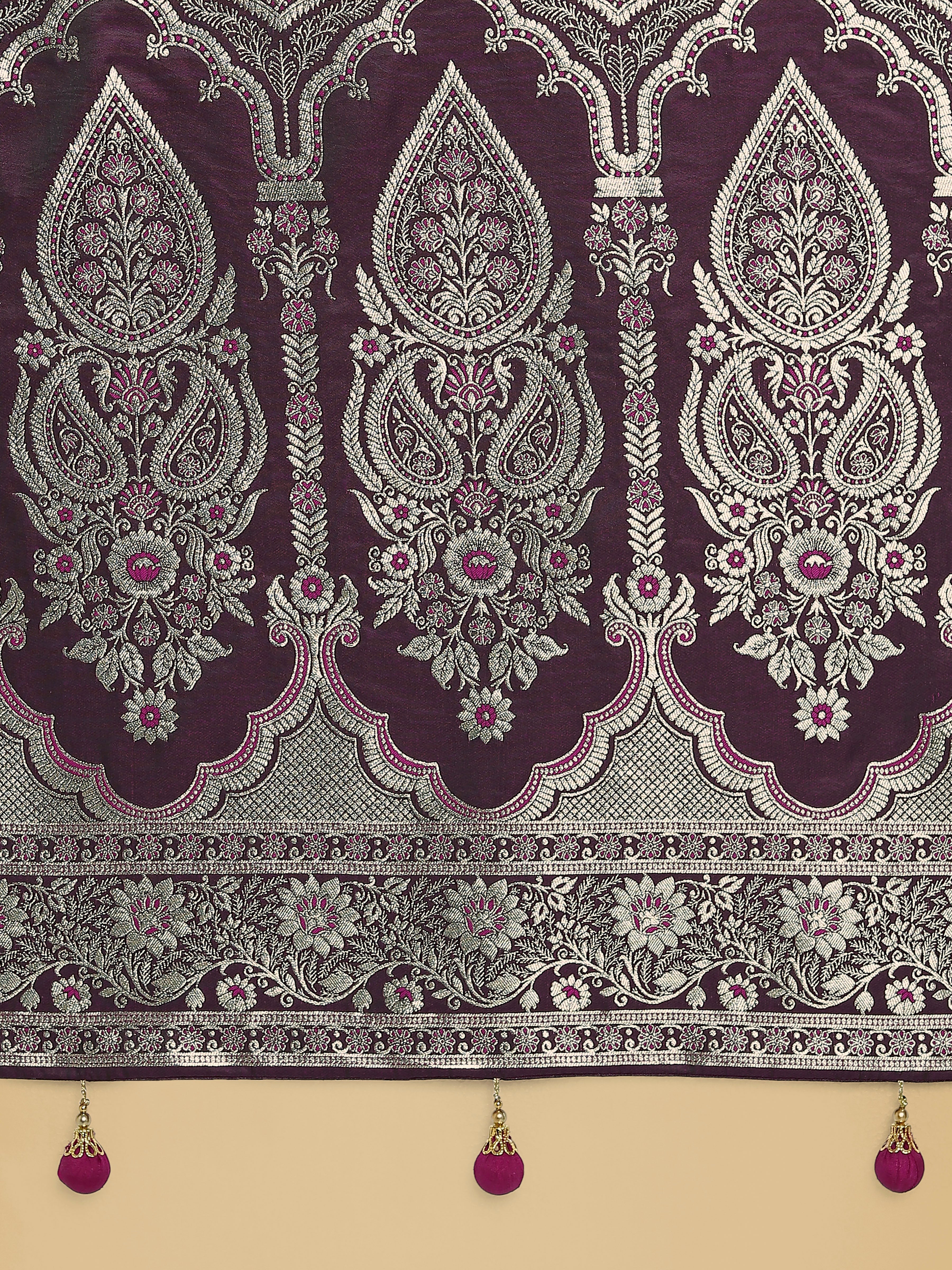 Wine Banarasi Satin Silk Saree with Intricate Zari Woven Work