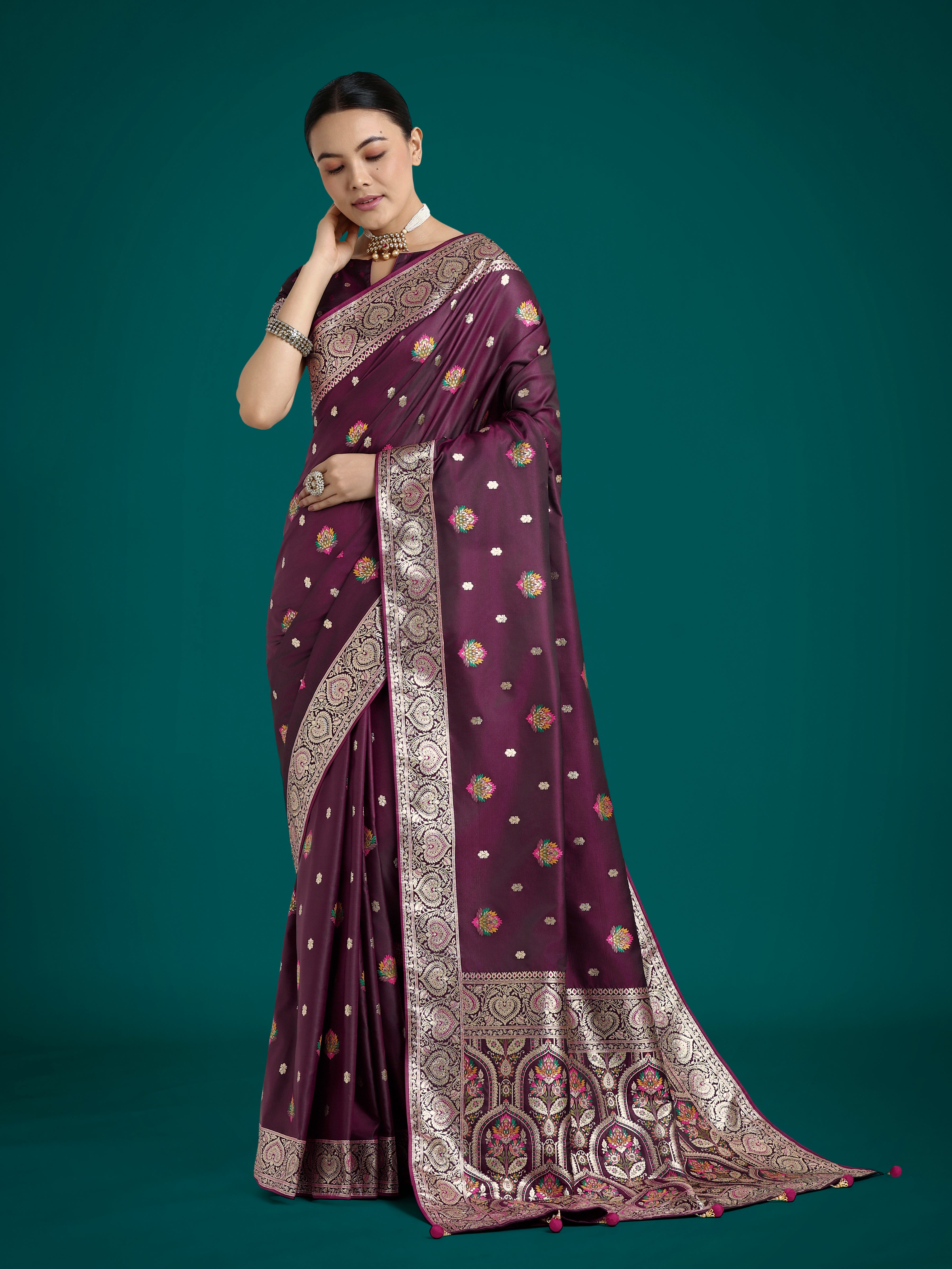 Wine Charming Soft Banarasi Zari Woven Designer Satin Silk Saree