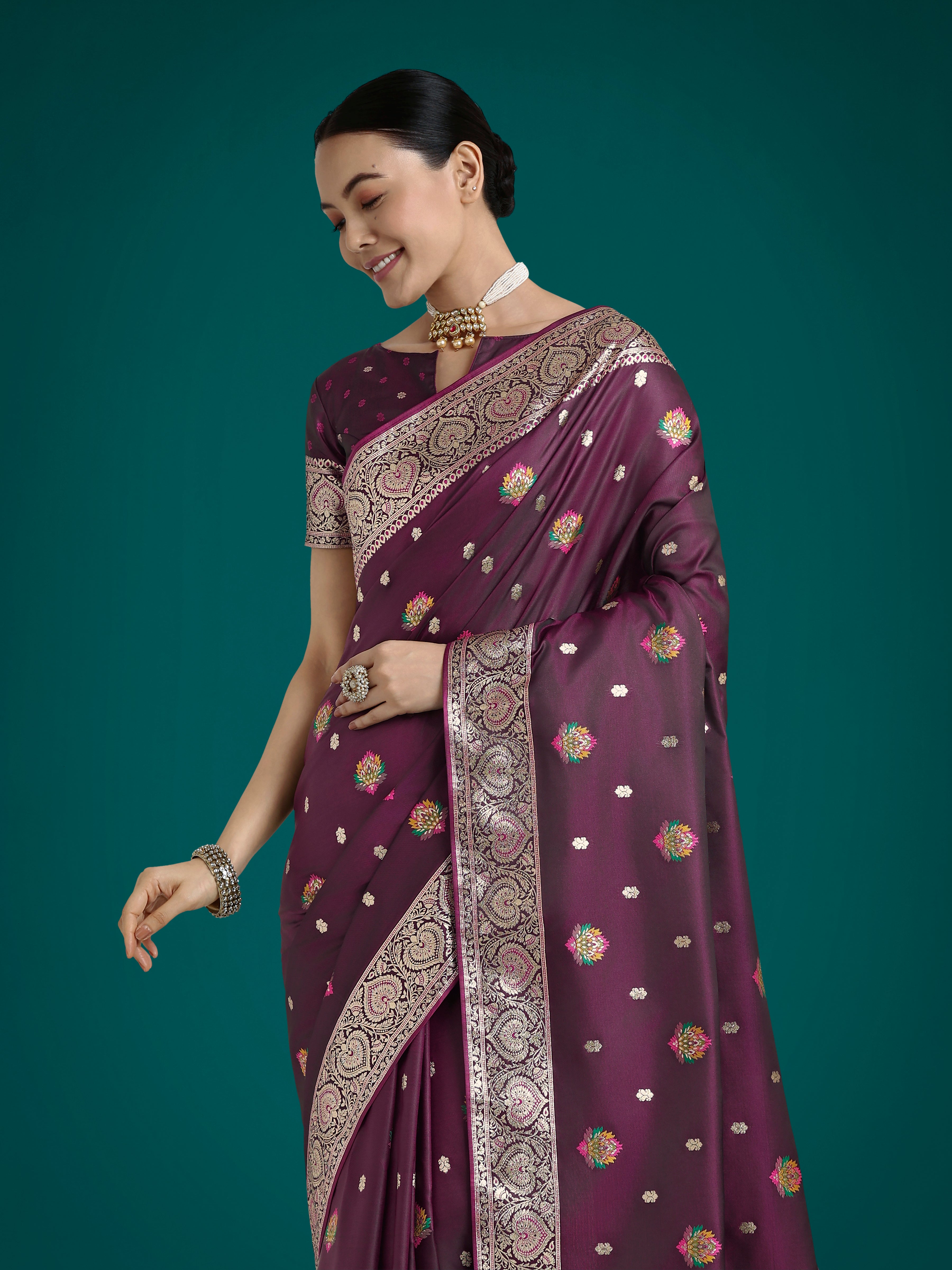 Wine Charming Soft Banarasi Zari Woven Designer Satin Silk Saree