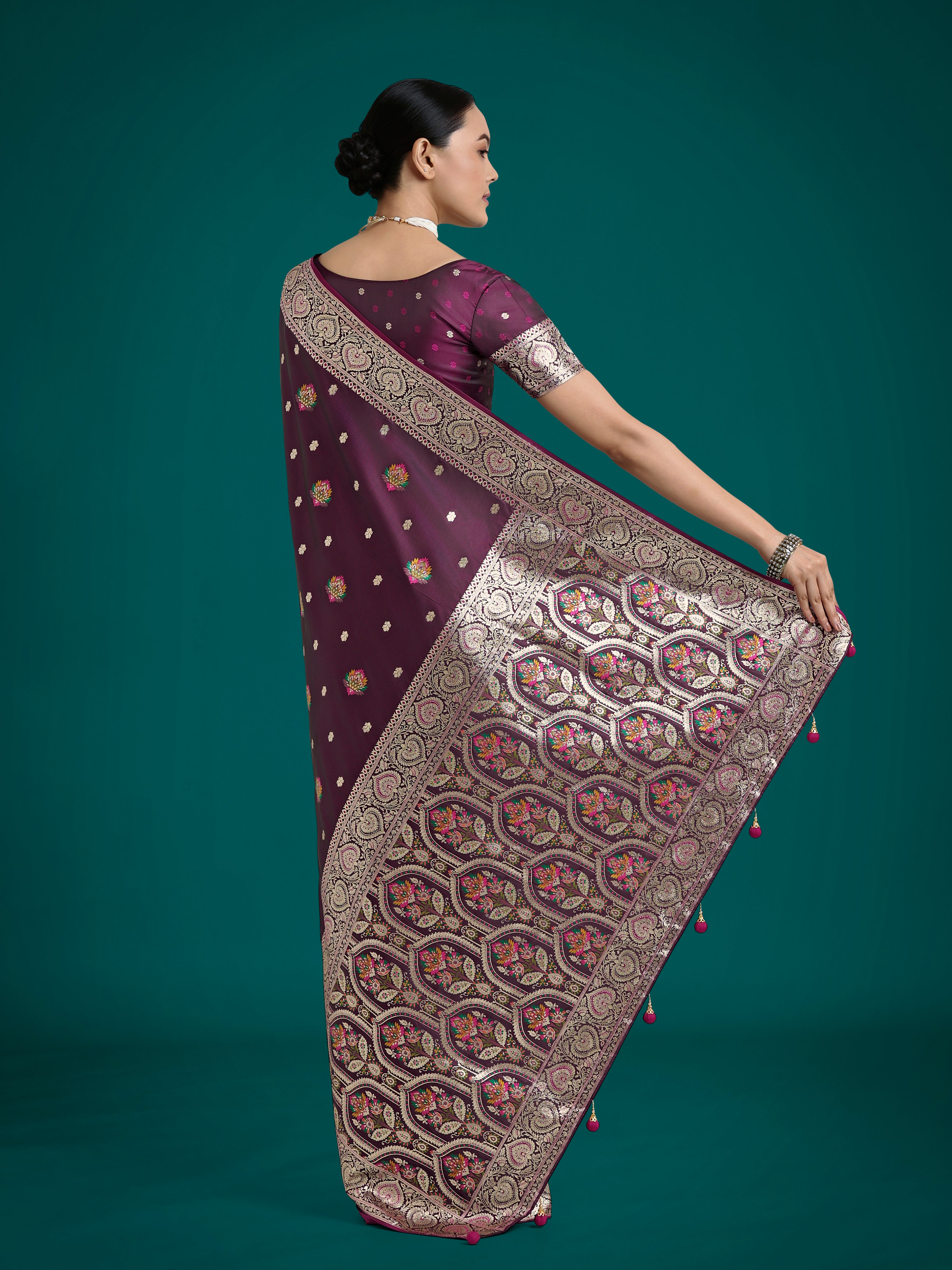 Wine Charming Soft Banarasi Zari Woven Designer Satin Silk Saree