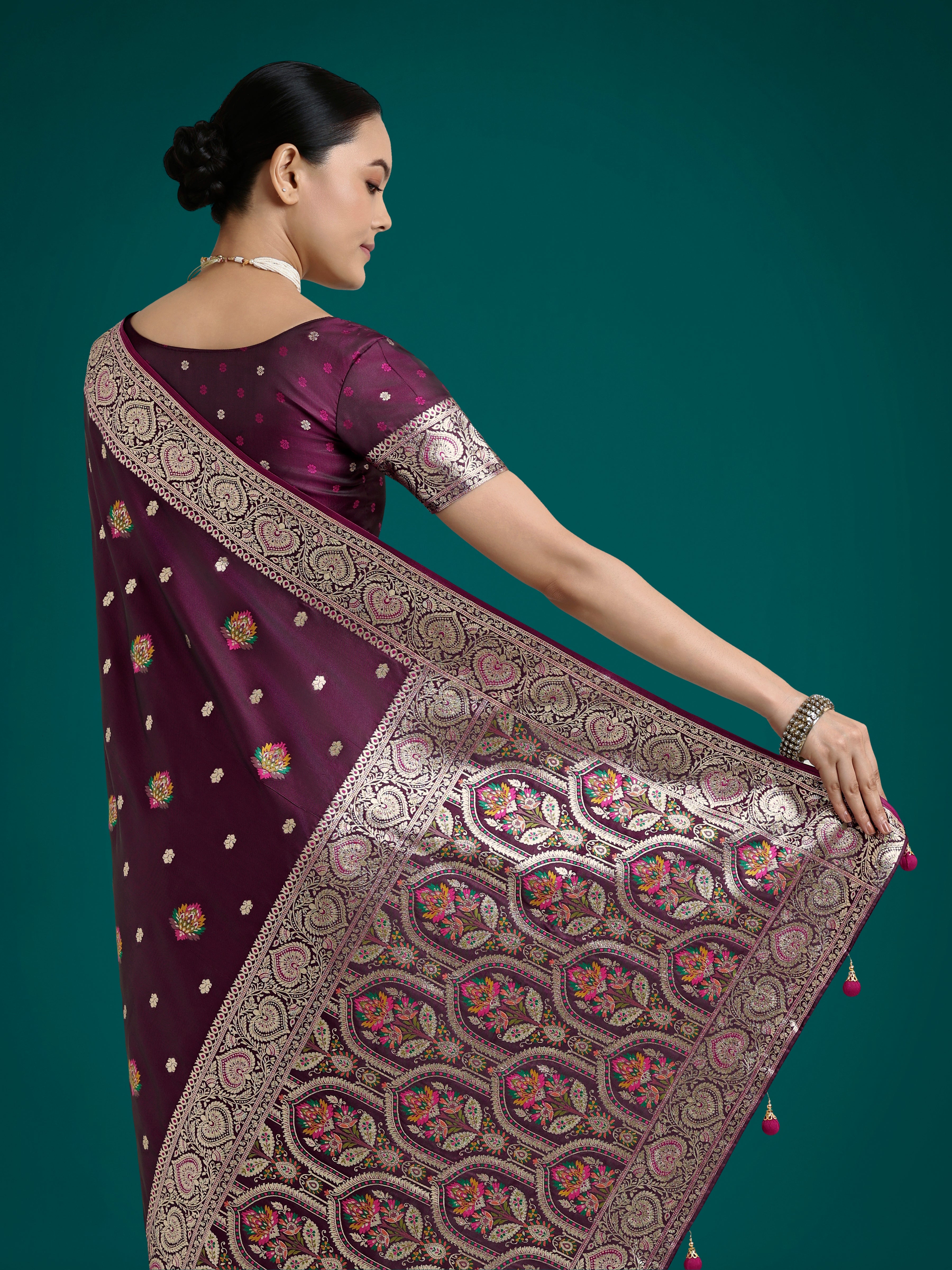Wine Charming Soft Banarasi Zari Woven Designer Satin Silk Saree