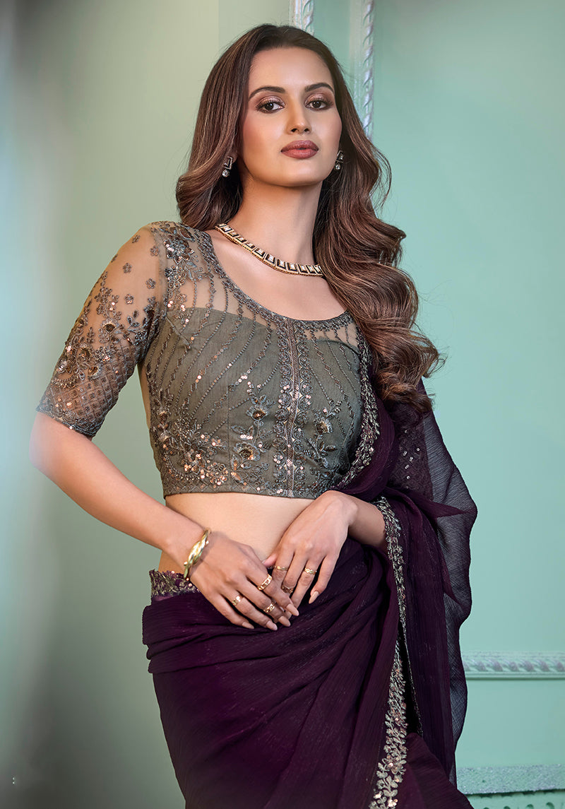 Wine Chiffon Sequins Embellished Scalloped Border Saree