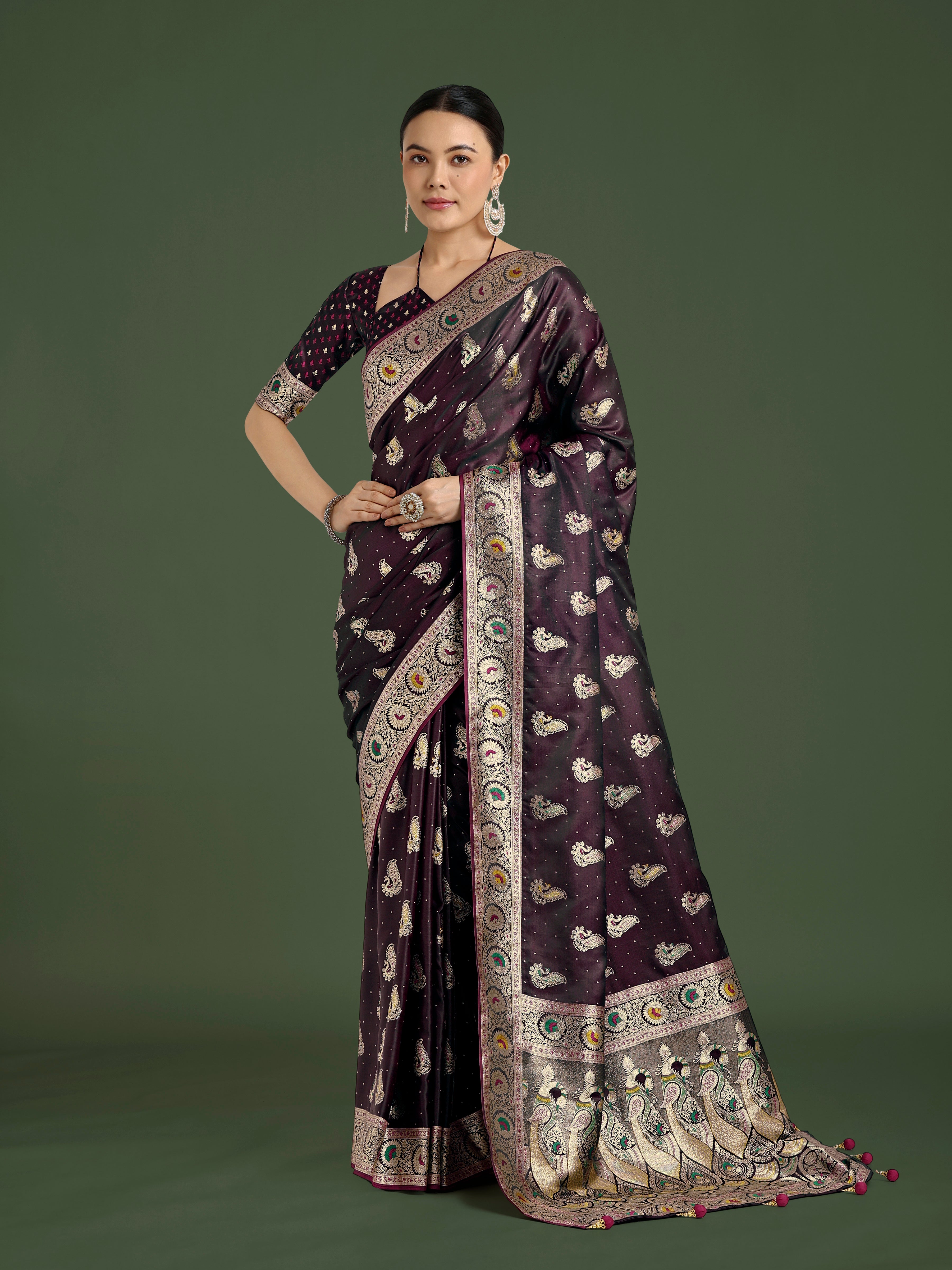 Wine Color Festival Wear Banarasi Satin Silk Designer Zari Weaving Saree