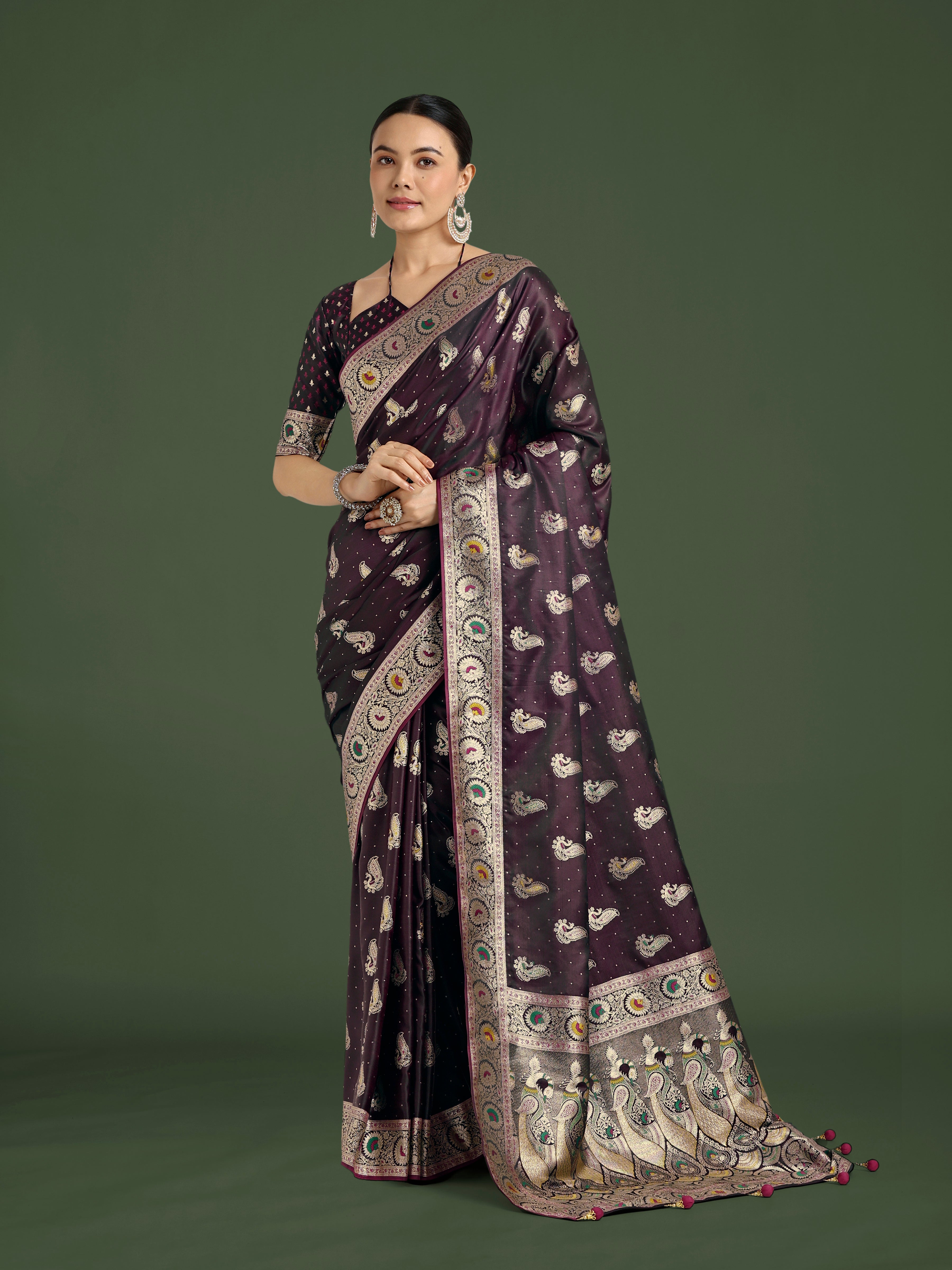 Wine Color Festival Wear Banarasi Satin Silk Designer Zari Weaving Saree