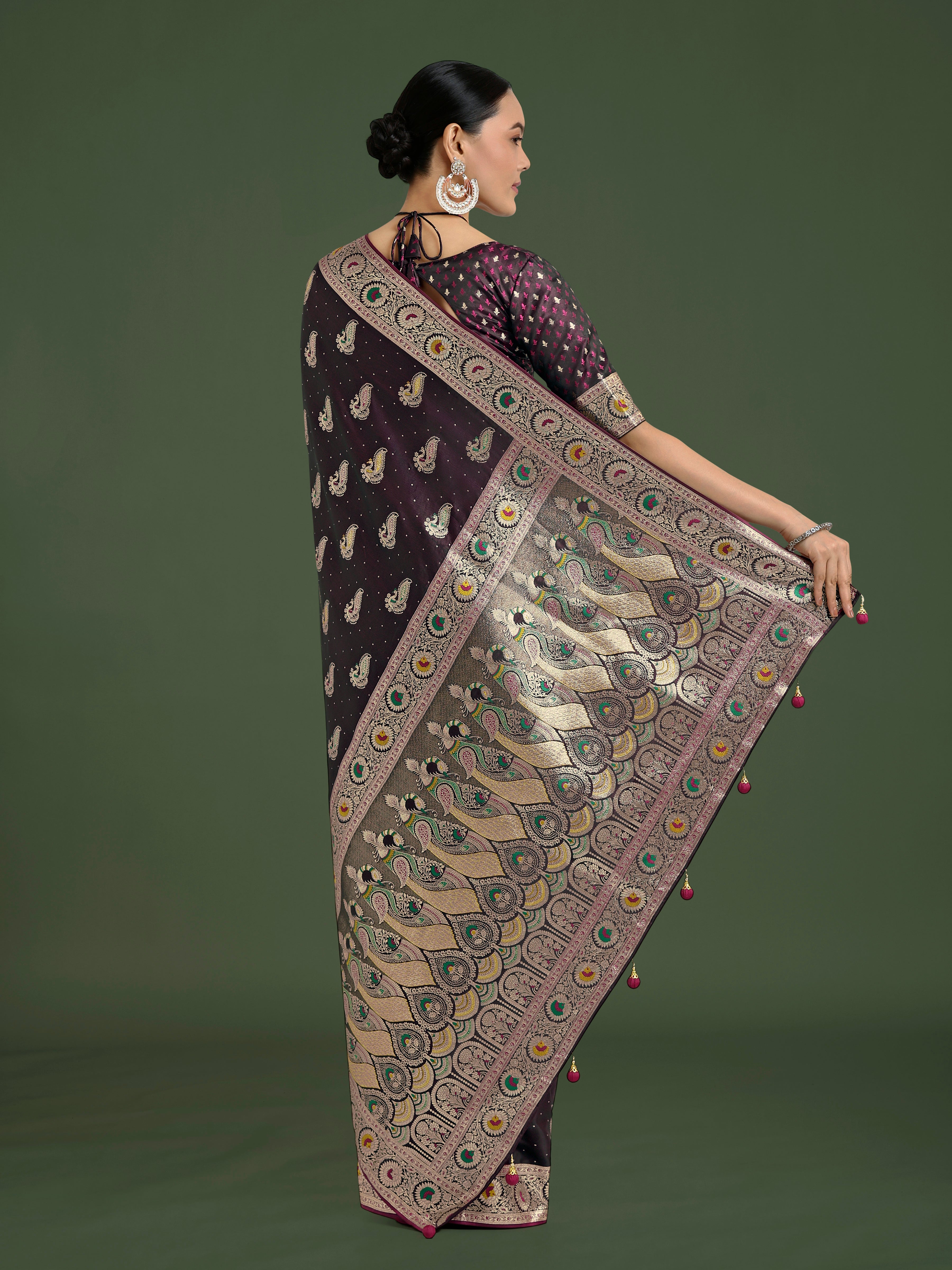 Wine Color Festival Wear Banarasi Satin Silk Designer Zari Weaving Saree