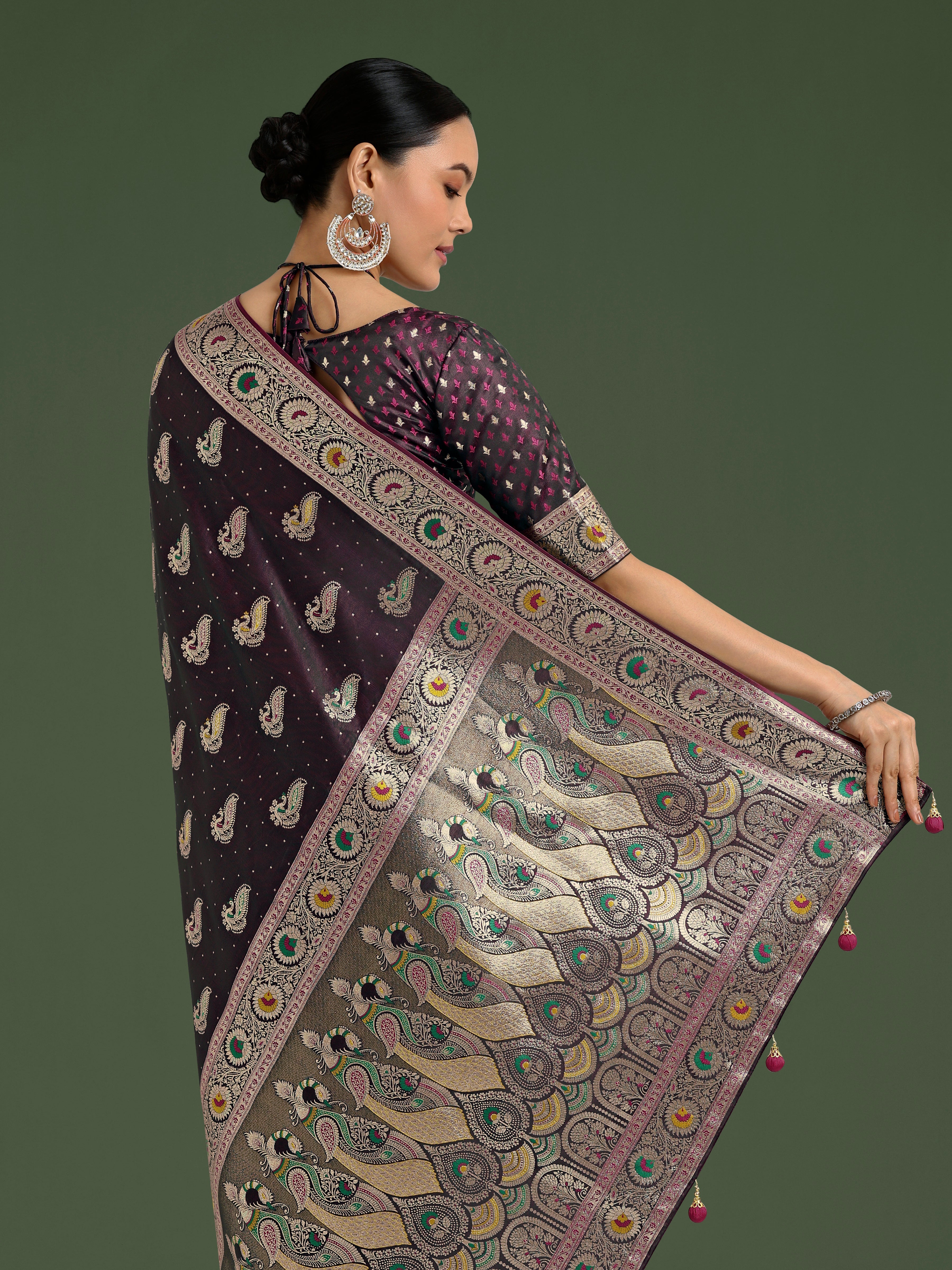 Wine Color Festival Wear Banarasi Satin Silk Designer Zari Weaving Saree
