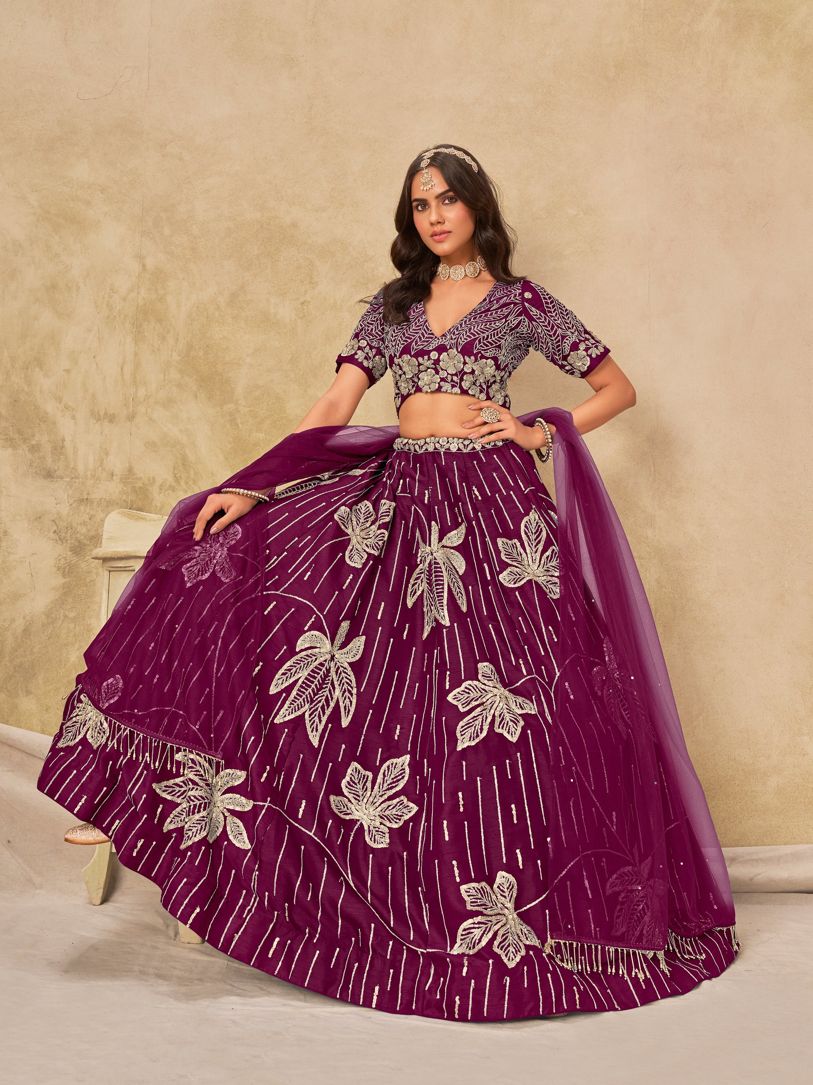 Wine Embroidered Art Silk Reception Trendy Lehenga Choli