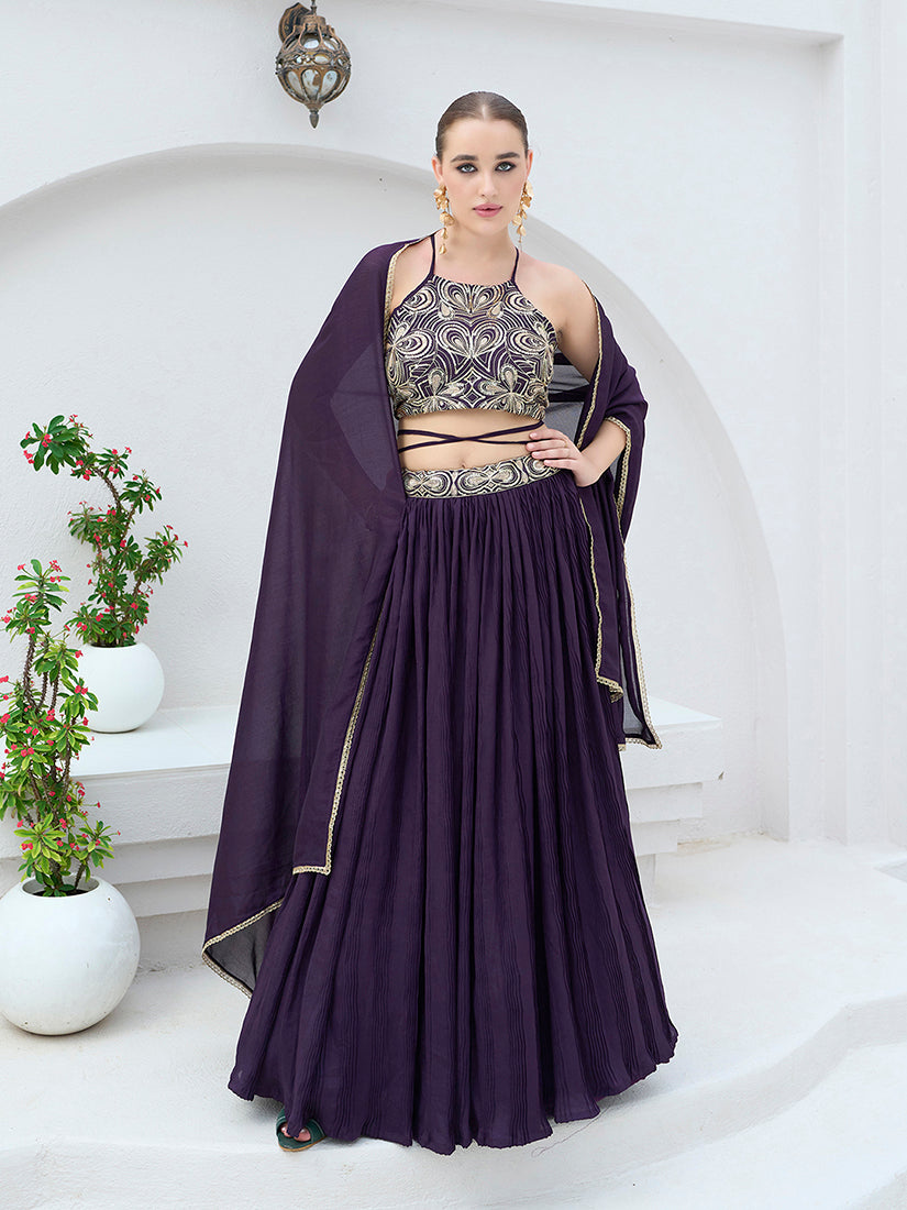 Wine Festive Look with Silk Crush Lehenga Choli