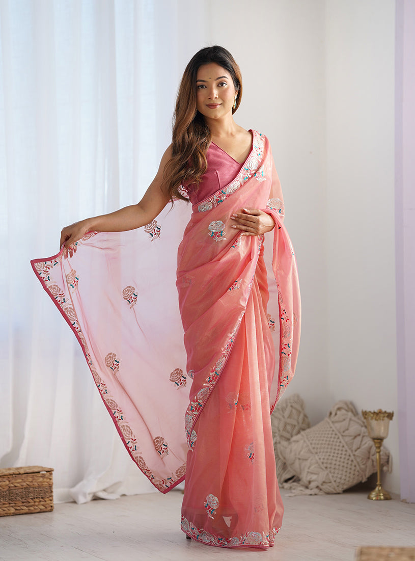 Peach Net Thread Embroidery Sequins Work Saree