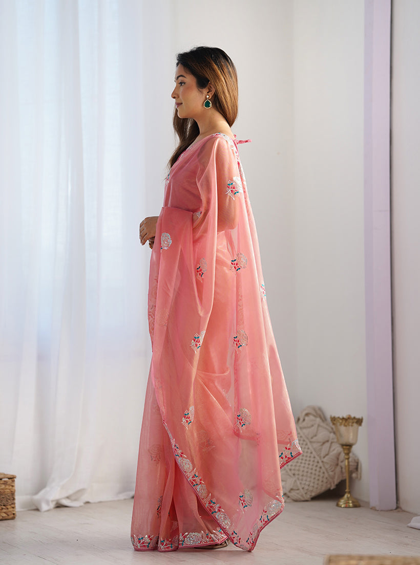 Peach Net Thread Embroidery Sequins Work Saree