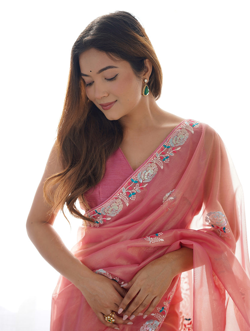 Peach Net Thread Embroidery Sequins Work Saree