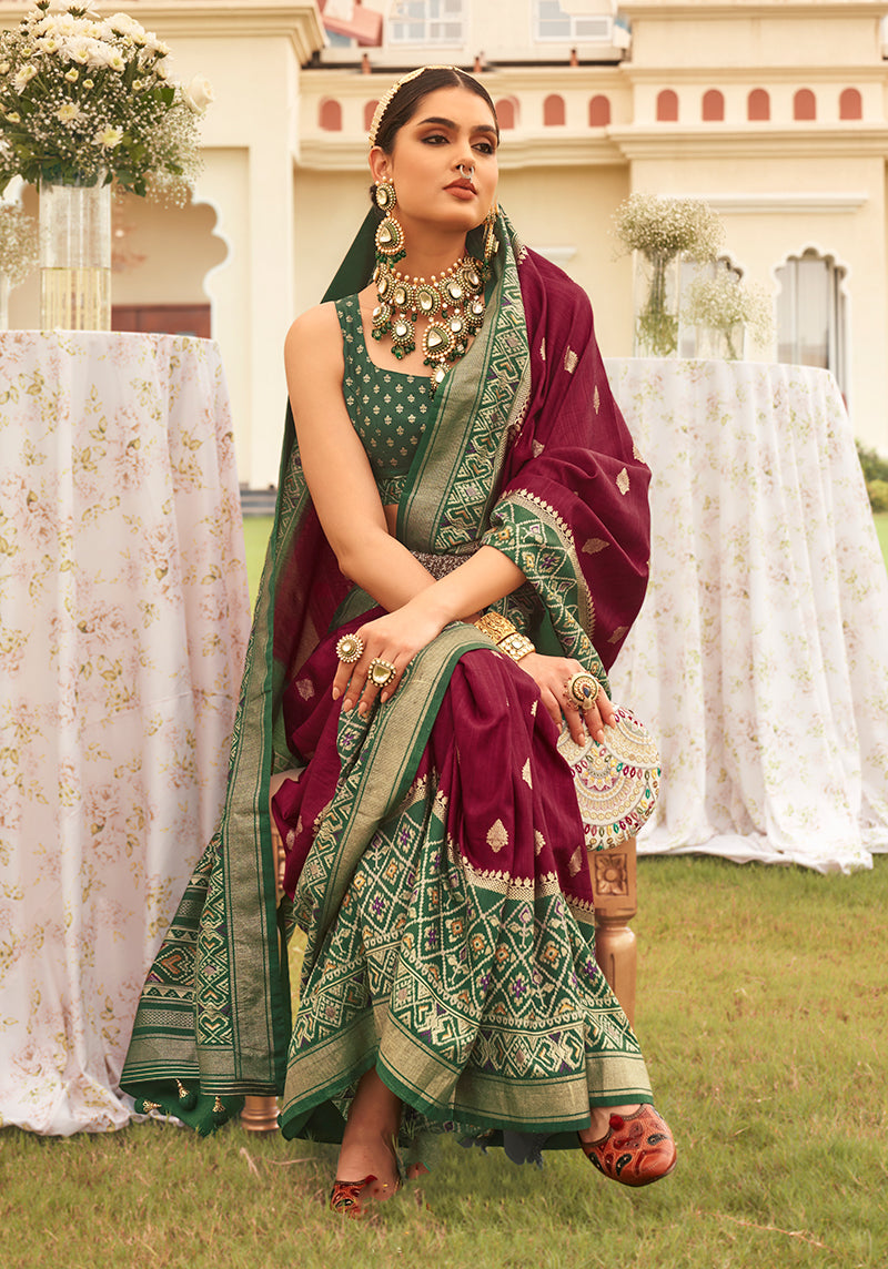 Wine & Green Silk patola Printed Saree