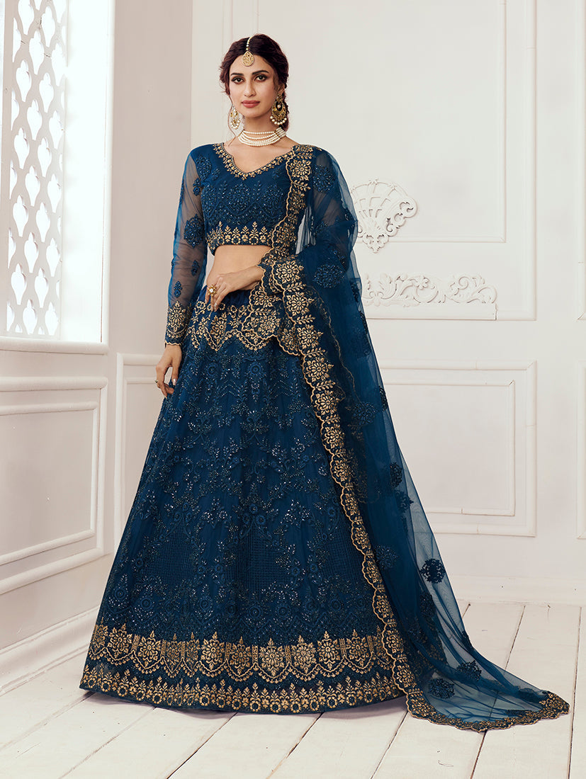 Navy Blue Net Embroidered Designer Party Wear Lehenga Choli