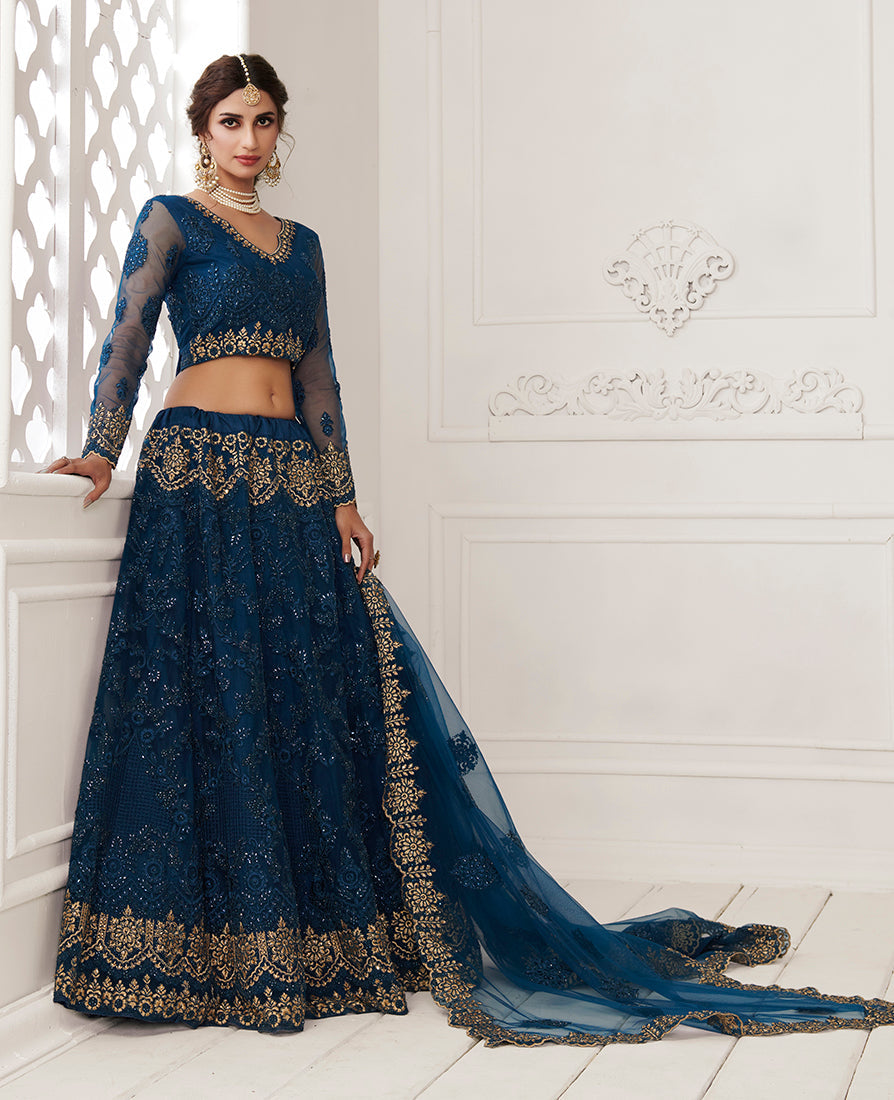 Navy Blue Net Embroidered Designer Party Wear Lehenga Choli