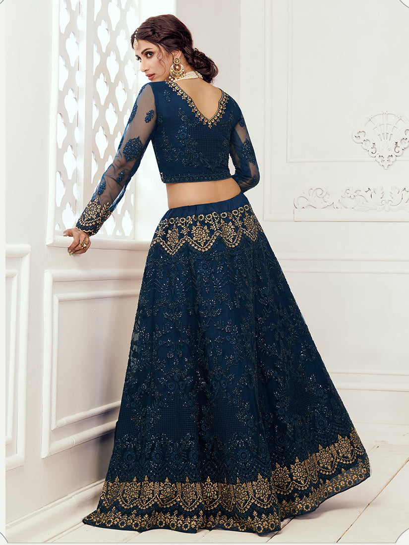 Navy Blue Net Embroidered Designer Party Wear Lehenga Choli
