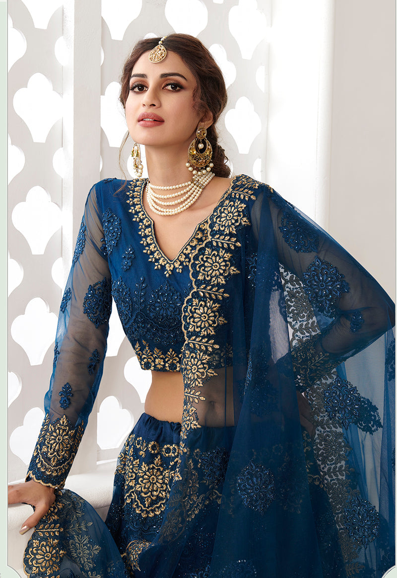Navy Blue Net Embroidered Designer Party Wear Lehenga Choli