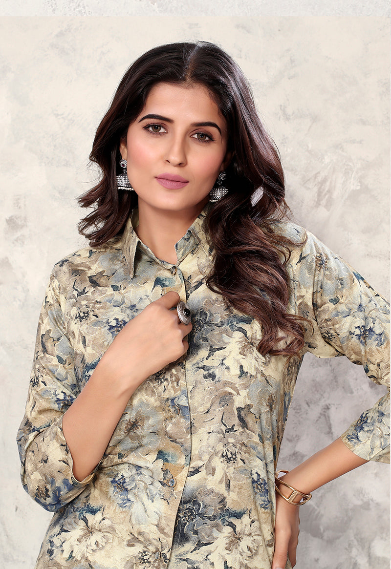 Cream Premium Rayon Floral Printed Co Ord Set