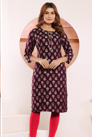 Wine Print Viscose  muslin Casual Office Wear Kurti