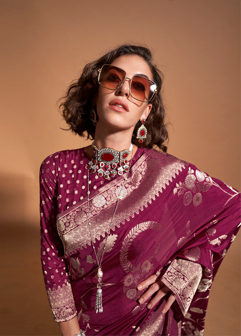 Wine Pure Georgette Saree in Classic Zari Weave