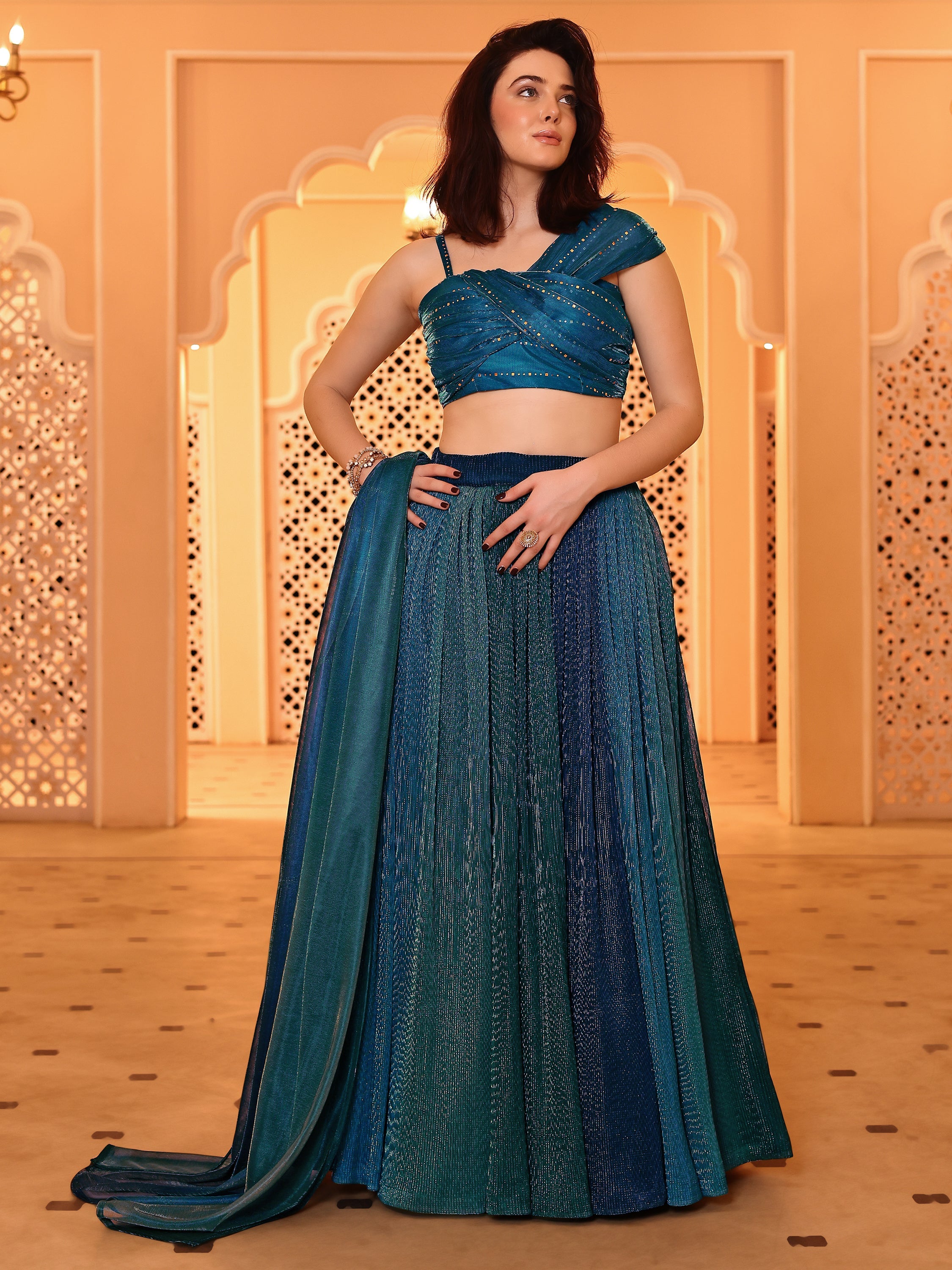 Aqua Blue Sequin Starlit Lycra Lehenga Choli