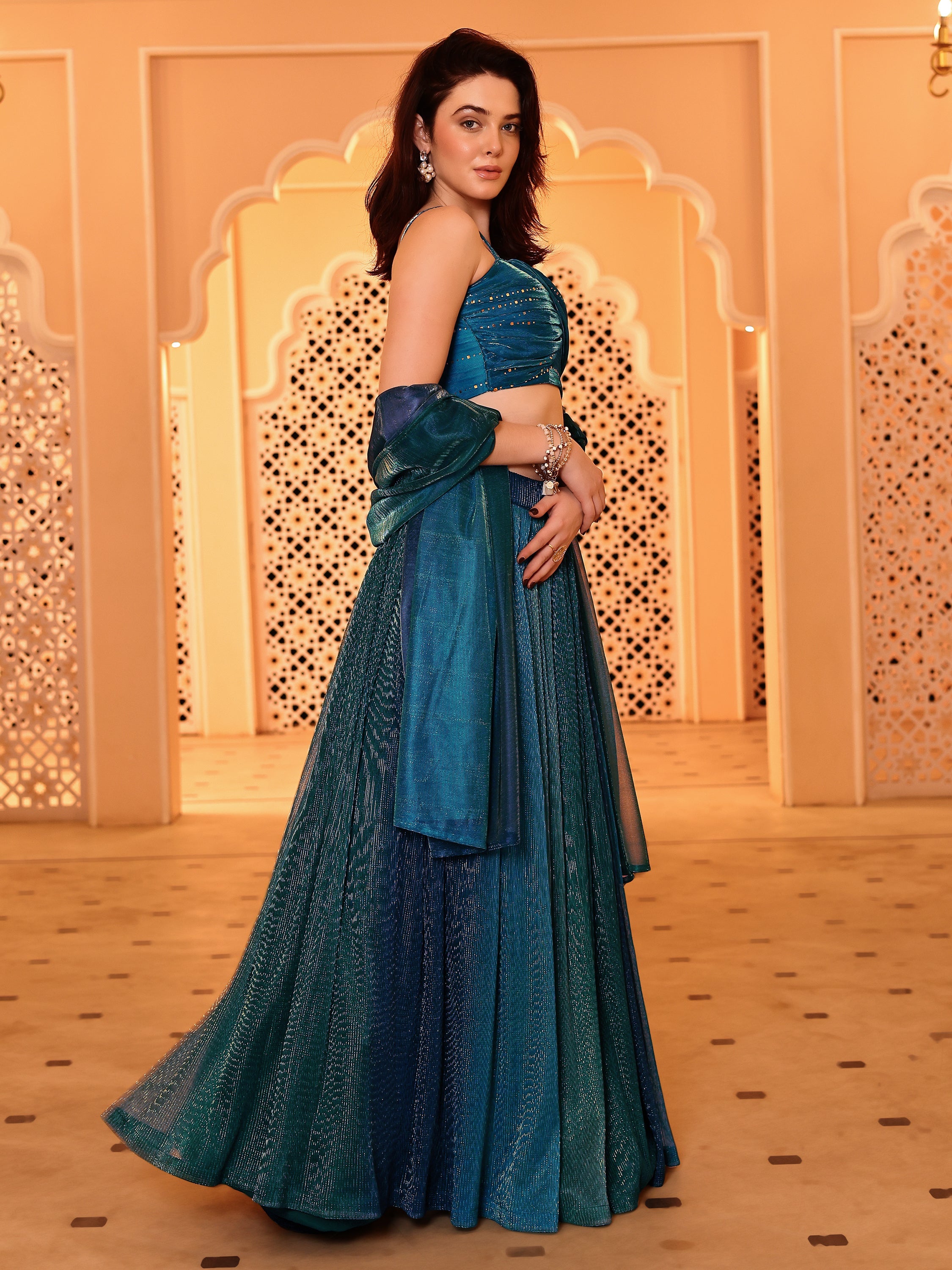 Aqua Blue Sequin Starlit Lycra Lehenga Choli