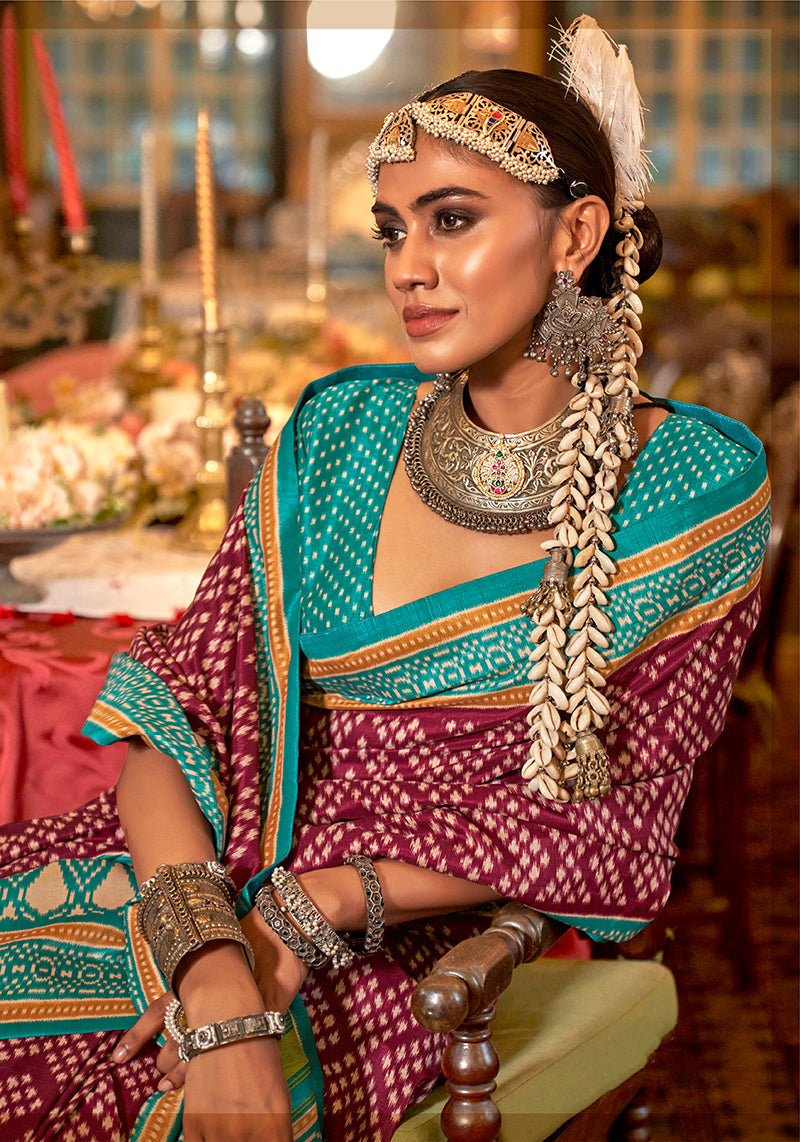 Wine & Turquoise Color Patola Design Zari Work Traditional Saree