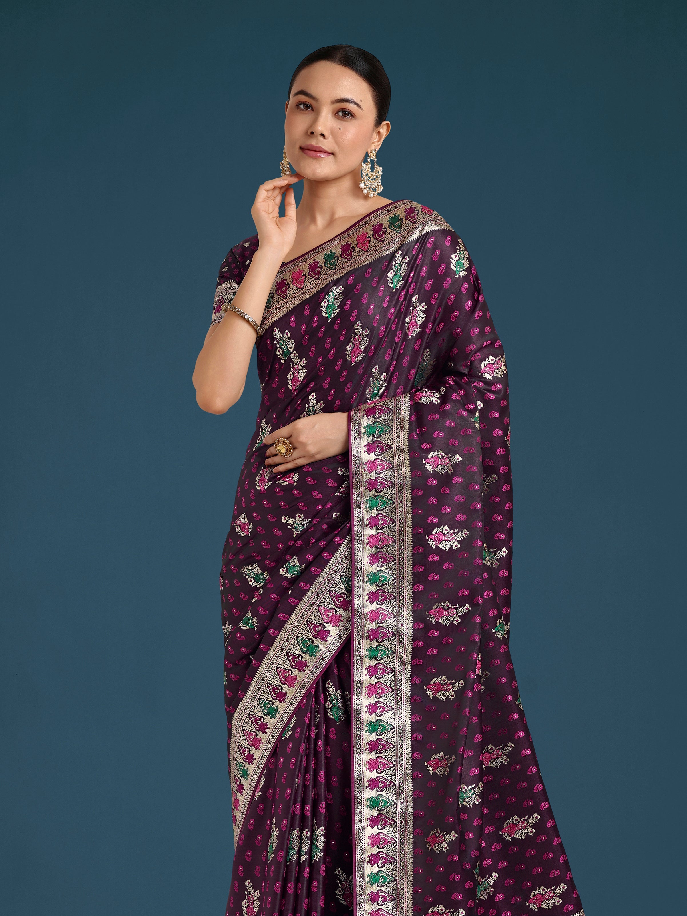 Wine With Gold Bordar Banarasi Zari Woven Satin Saree