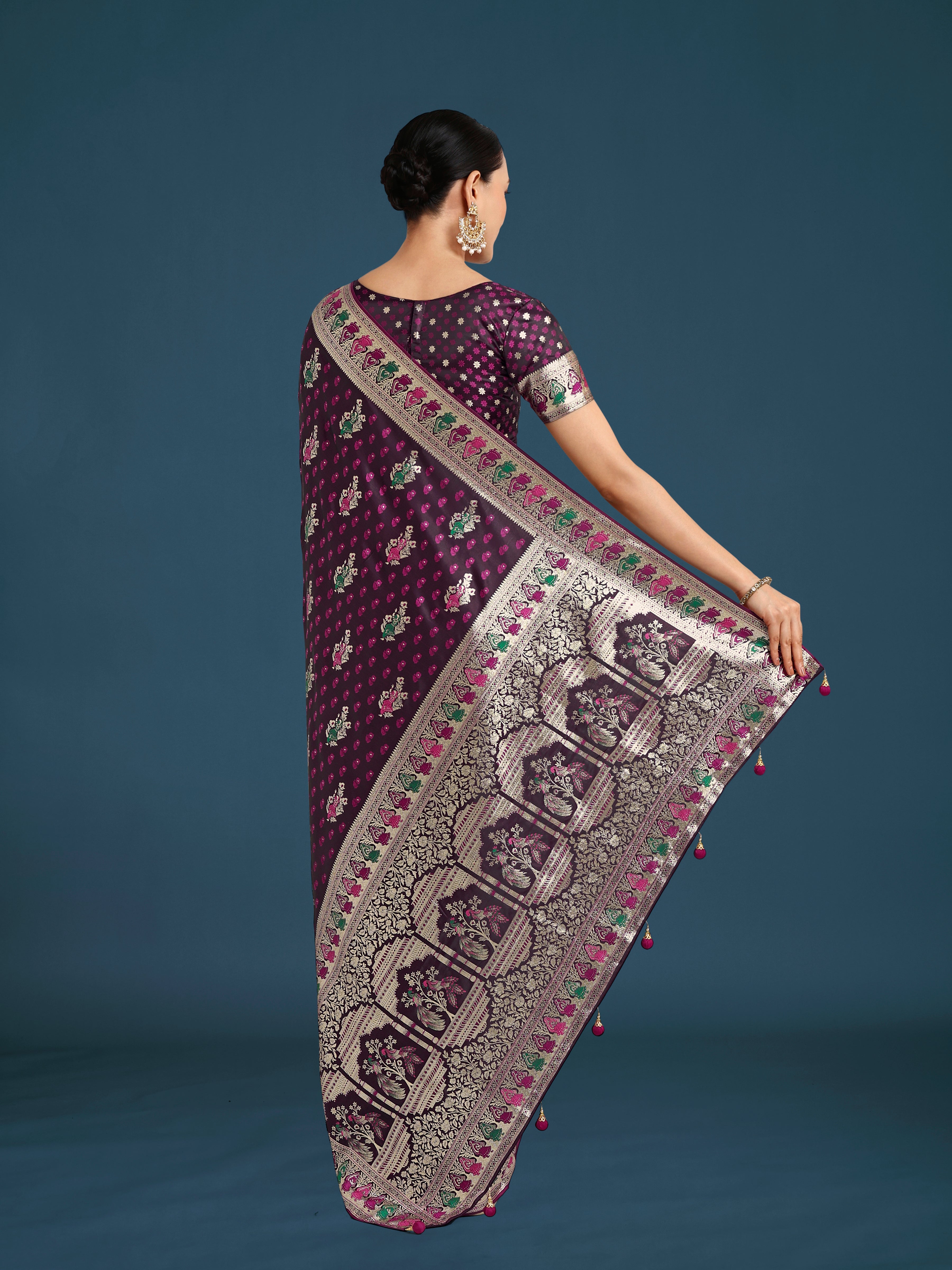 Wine With Gold Bordar Banarasi Zari Woven Satin Saree