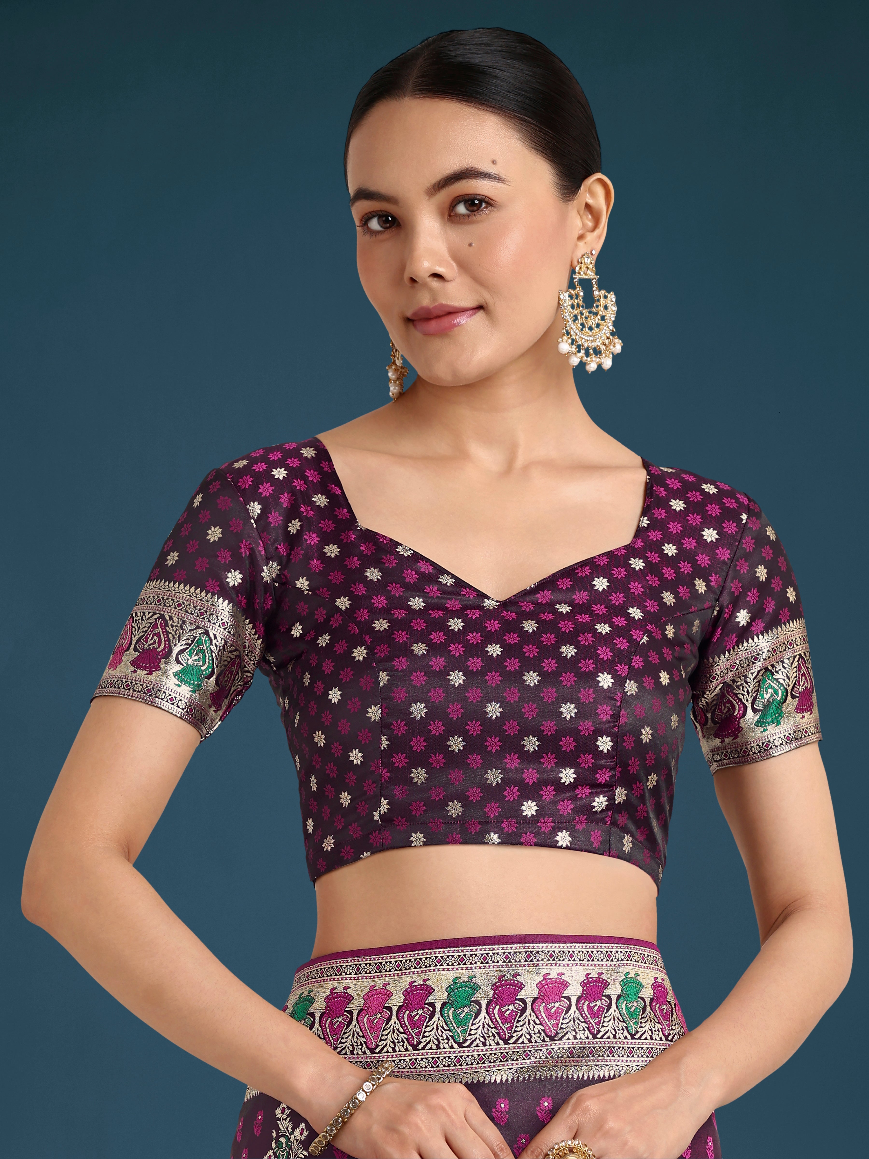 Wine With Gold Bordar Banarasi Zari Woven Satin Saree