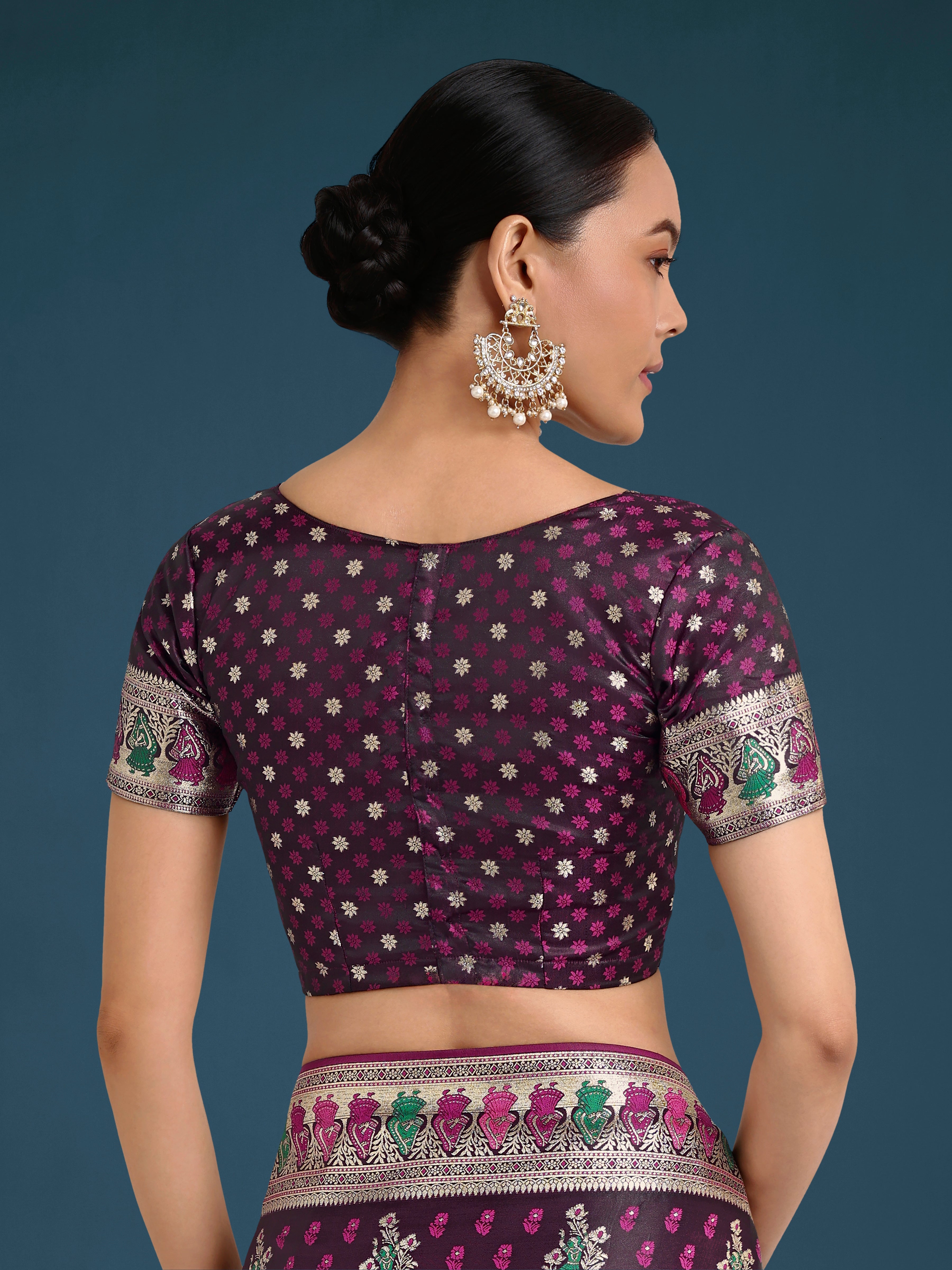 Wine With Gold Bordar Banarasi Zari Woven Satin Saree