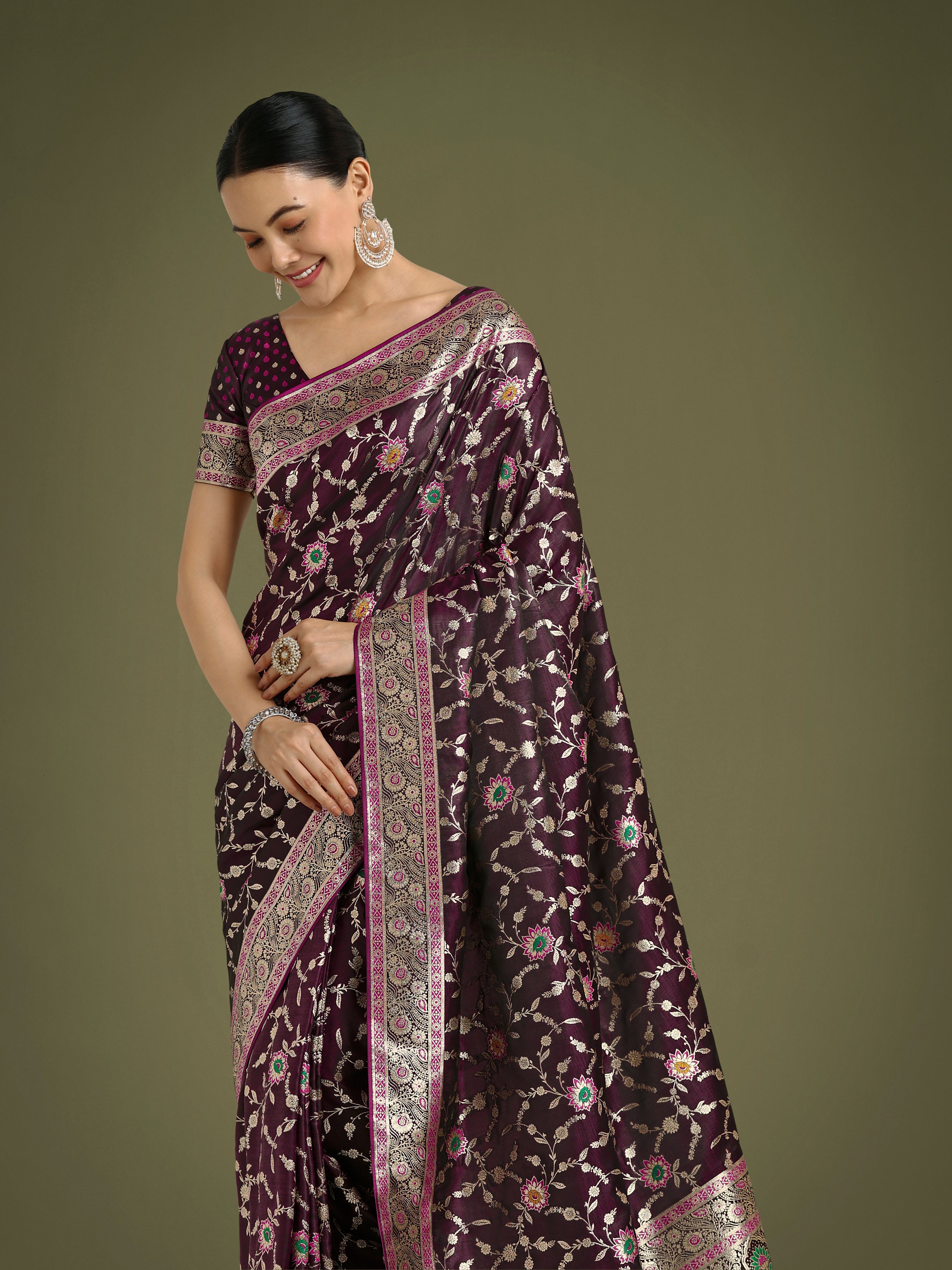 Wine Zari Woven Banarasi Classic Satin Silk Saree