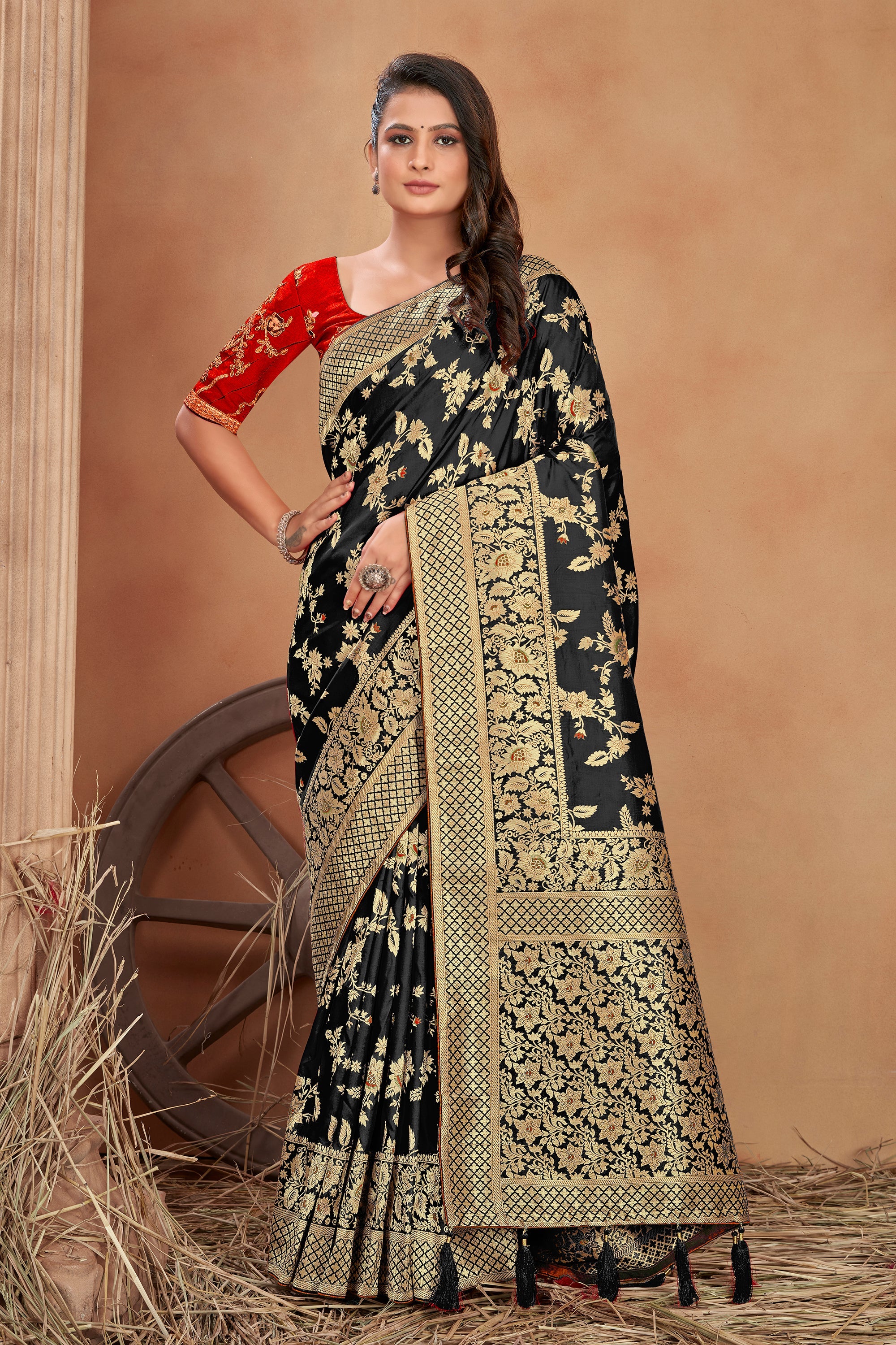 Black Banarasi Silk Blend Zari Woven Tussles Saree
